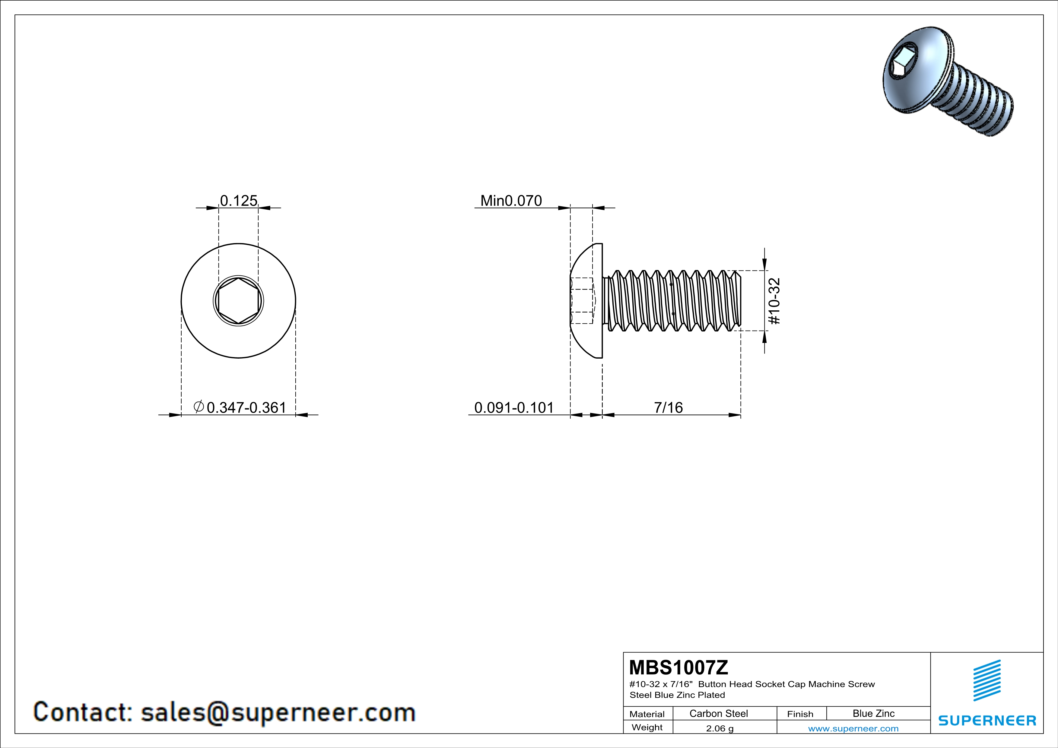 10-32 x 7/16" Button Head Socket Cap Machine Screw Steel Blue Zinc Plated