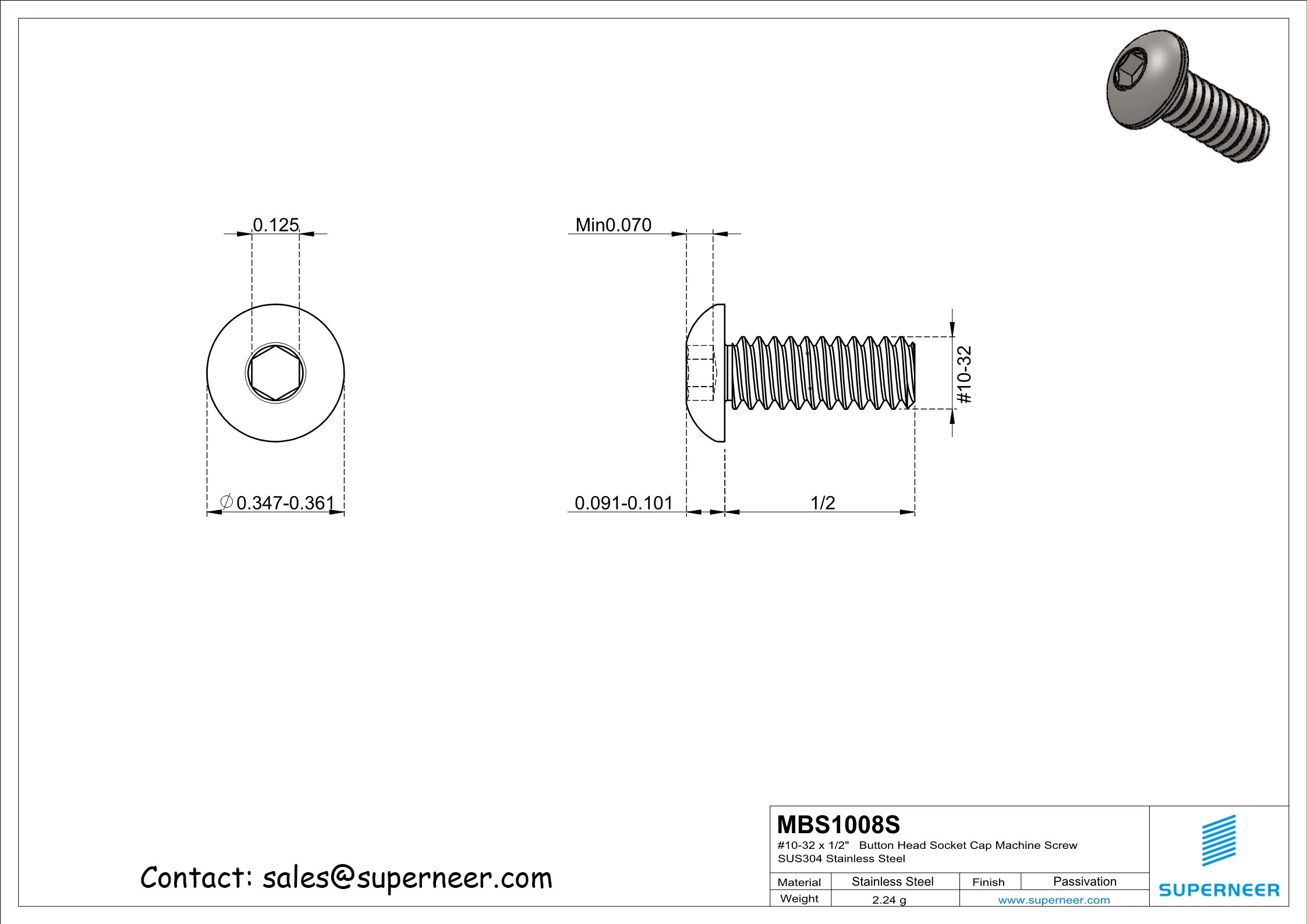 10-32 x 1/2"  Button Head Socket Cap Machine Screw SUS304 Stainless Steel Inox