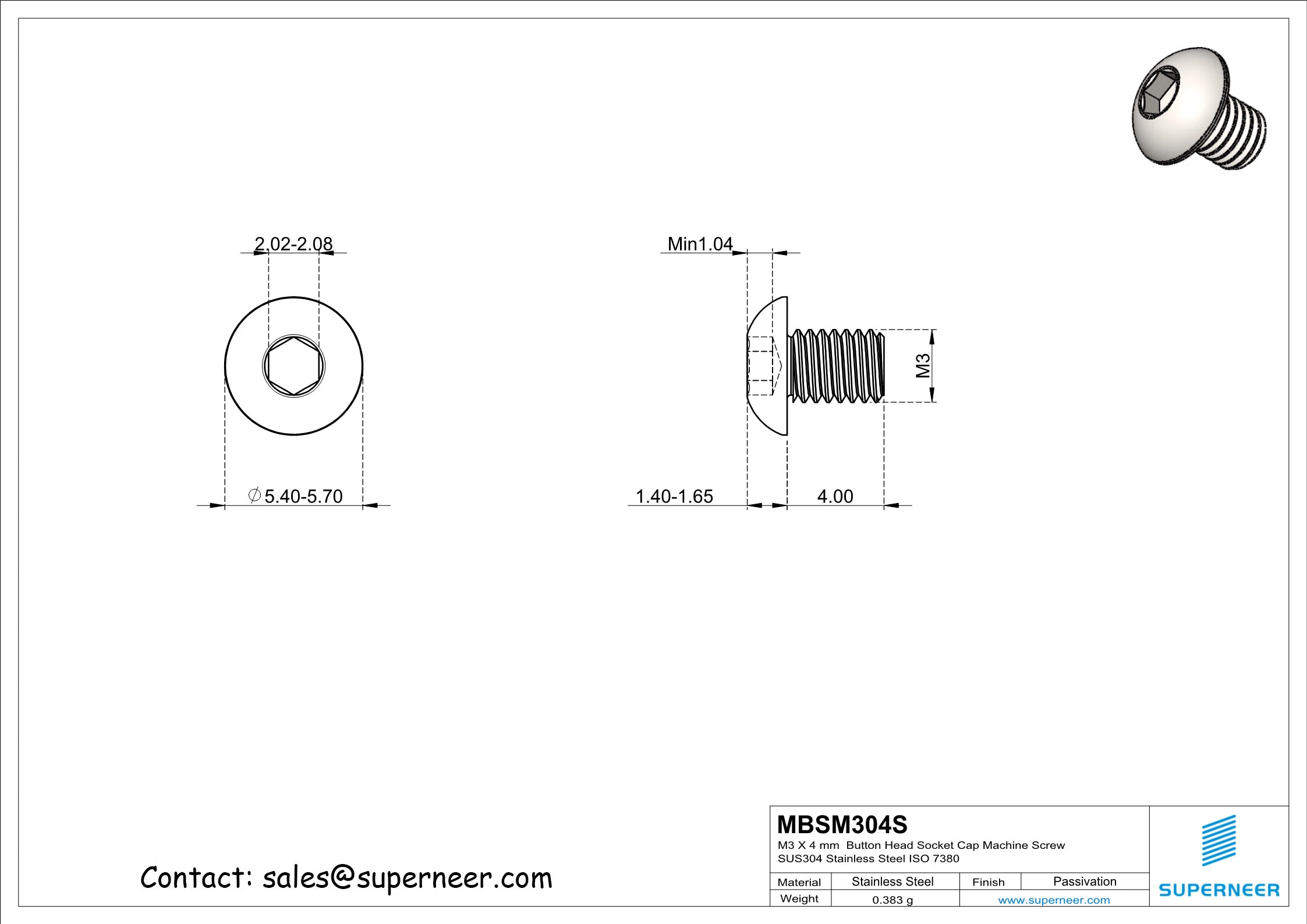 M3 x 4 mm  Button Head Socket Cap Machine Screw SUS304 Stainless Steel Inox ISO 7380