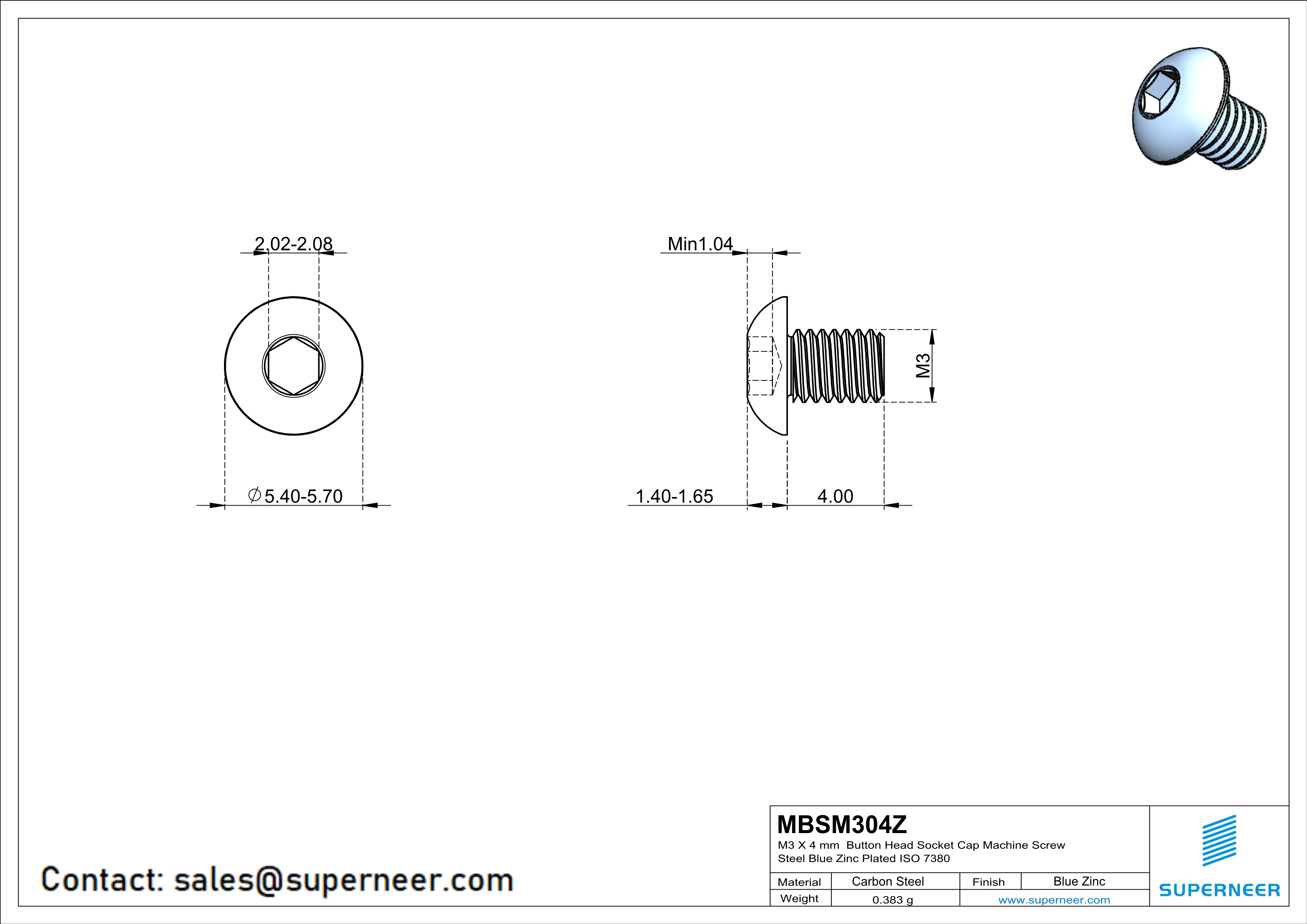 M3 x 4 mm Button Head Socket Cap Machine Screw Steel Blue Zinc Plated ISO 7380