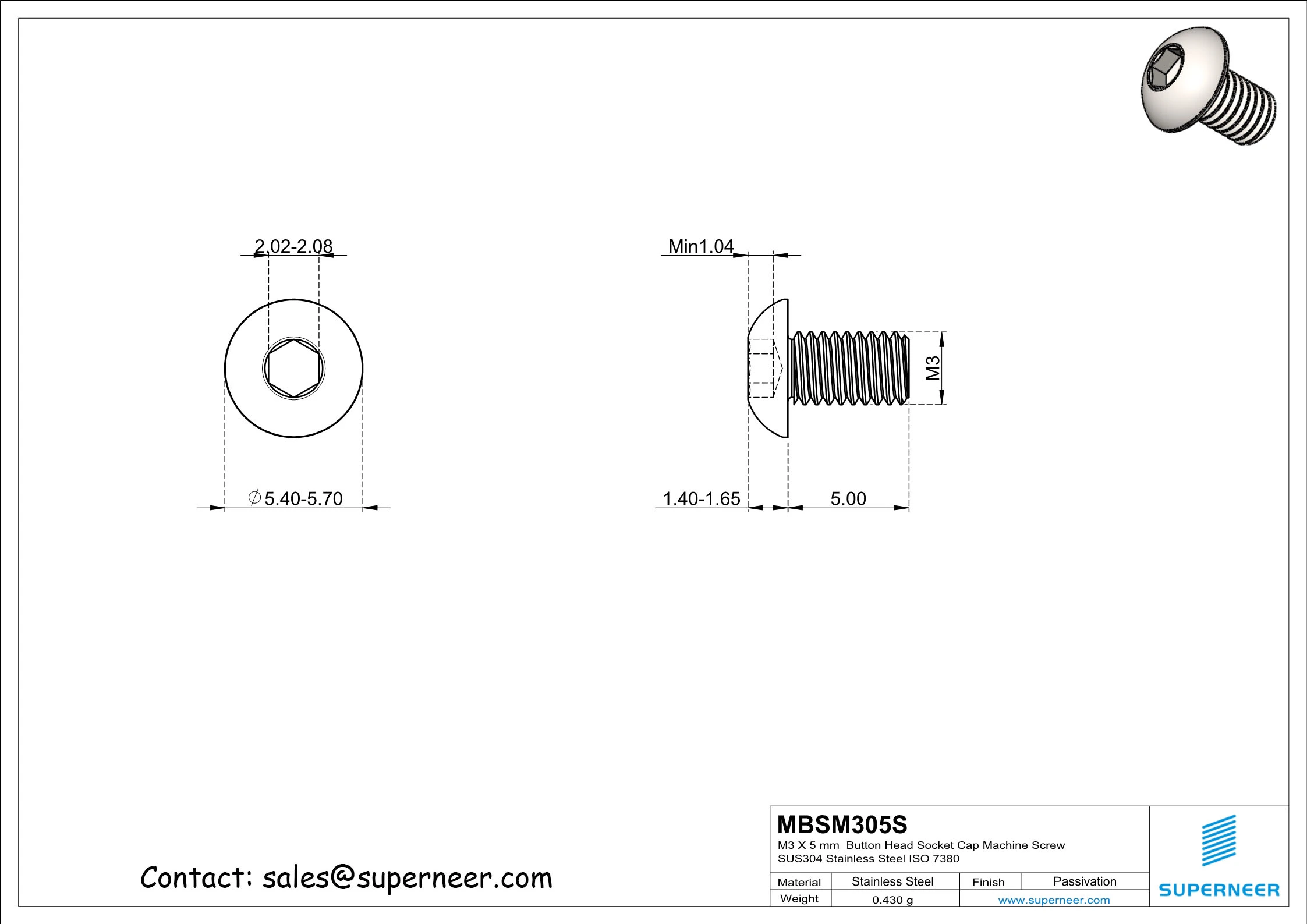 M3 x 5 mm  Button Head Socket Cap Machine Screw SUS304 Stainless Steel Inox ISO 7380