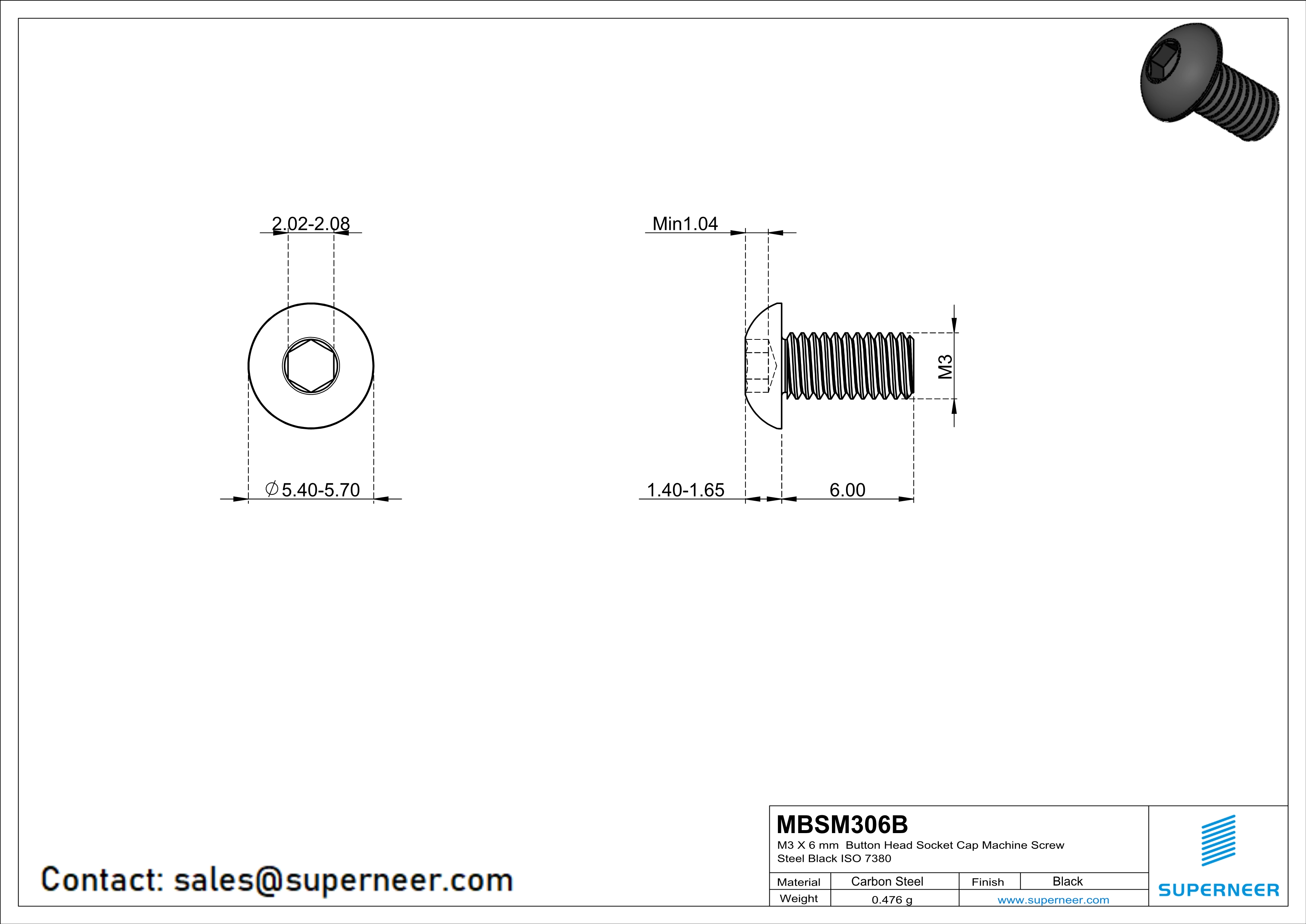 M3 x 6 mm Button Head Socket Cap Machine Screw Steel Black ISO 7380