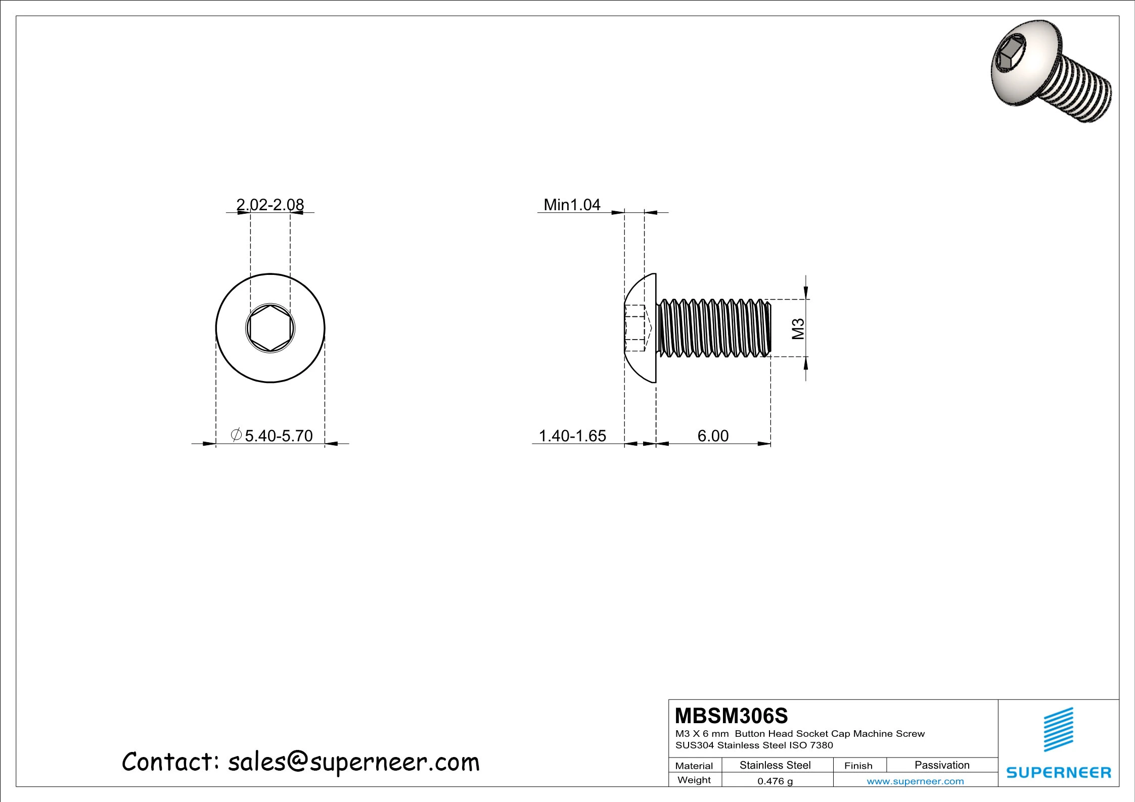 M3 x 6 mm  Button Head Socket Cap Machine Screw SUS304 Stainless Steel Inox ISO 7380