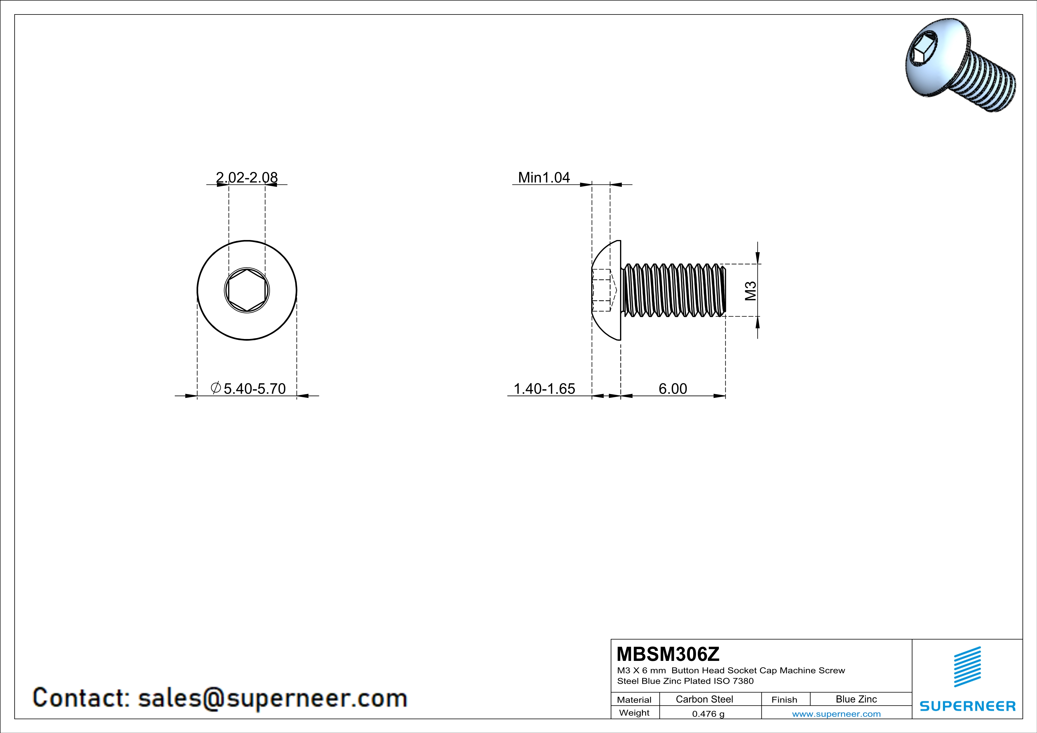 M3 x 6 mm Button Head Socket Cap Machine Screw Steel Blue Zinc Plated ISO 7380