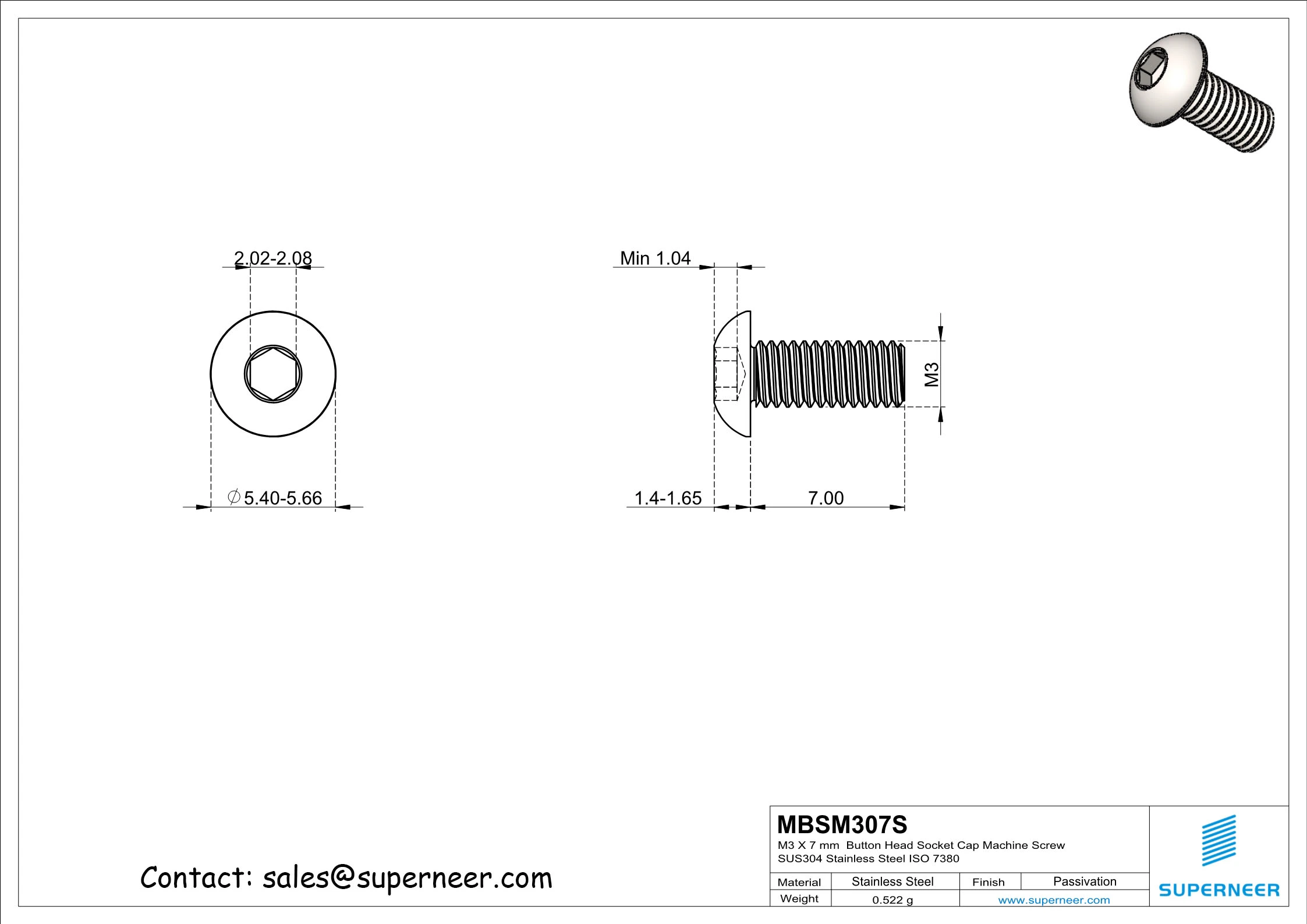 M3 x 7 mm  Button Head Socket Cap Machine Screw SUS304 Stainless Steel Inox ISO 7380