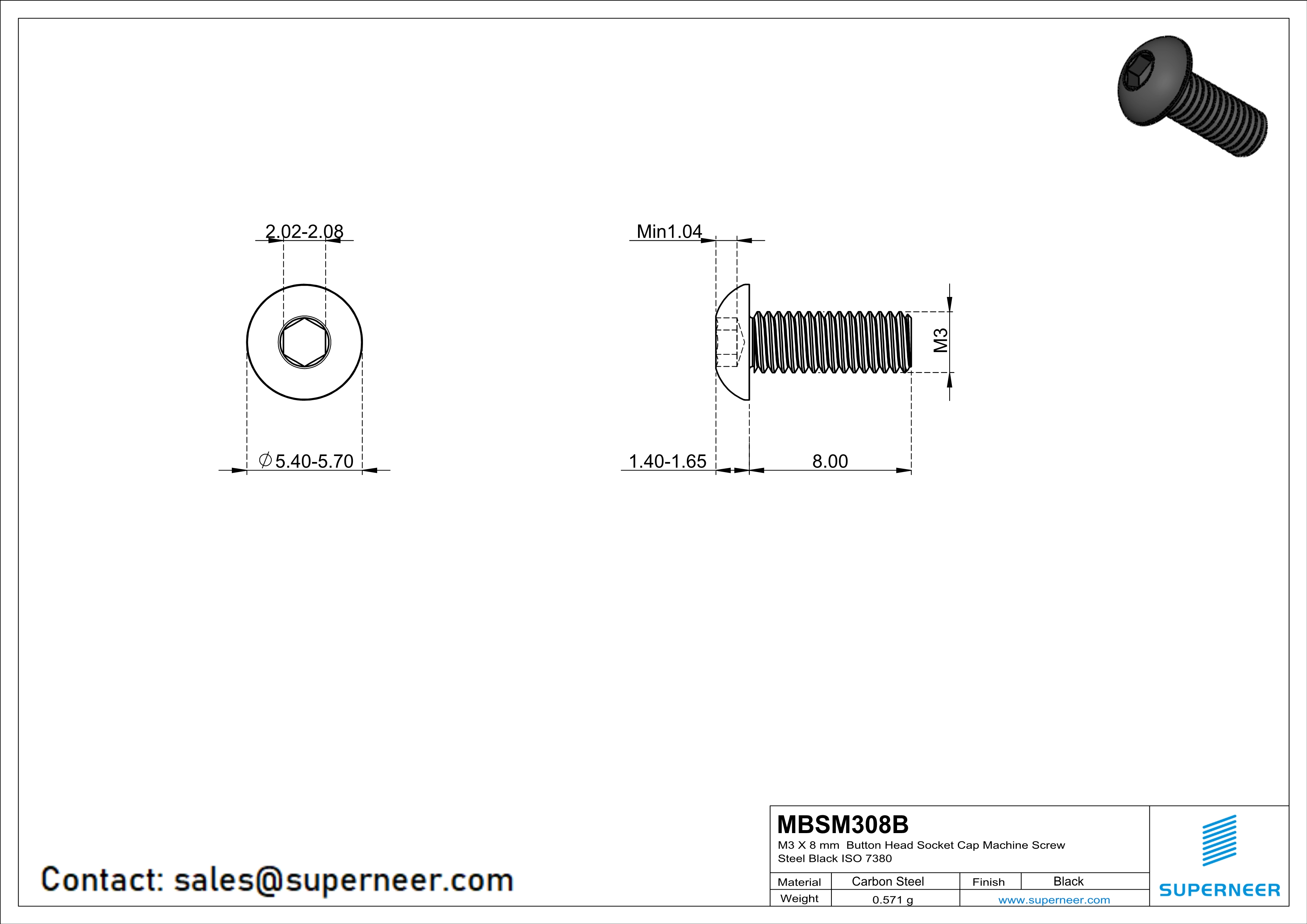 M3 x 8 mm Button Head Socket Cap Machine Screw Steel Black ISO 7380