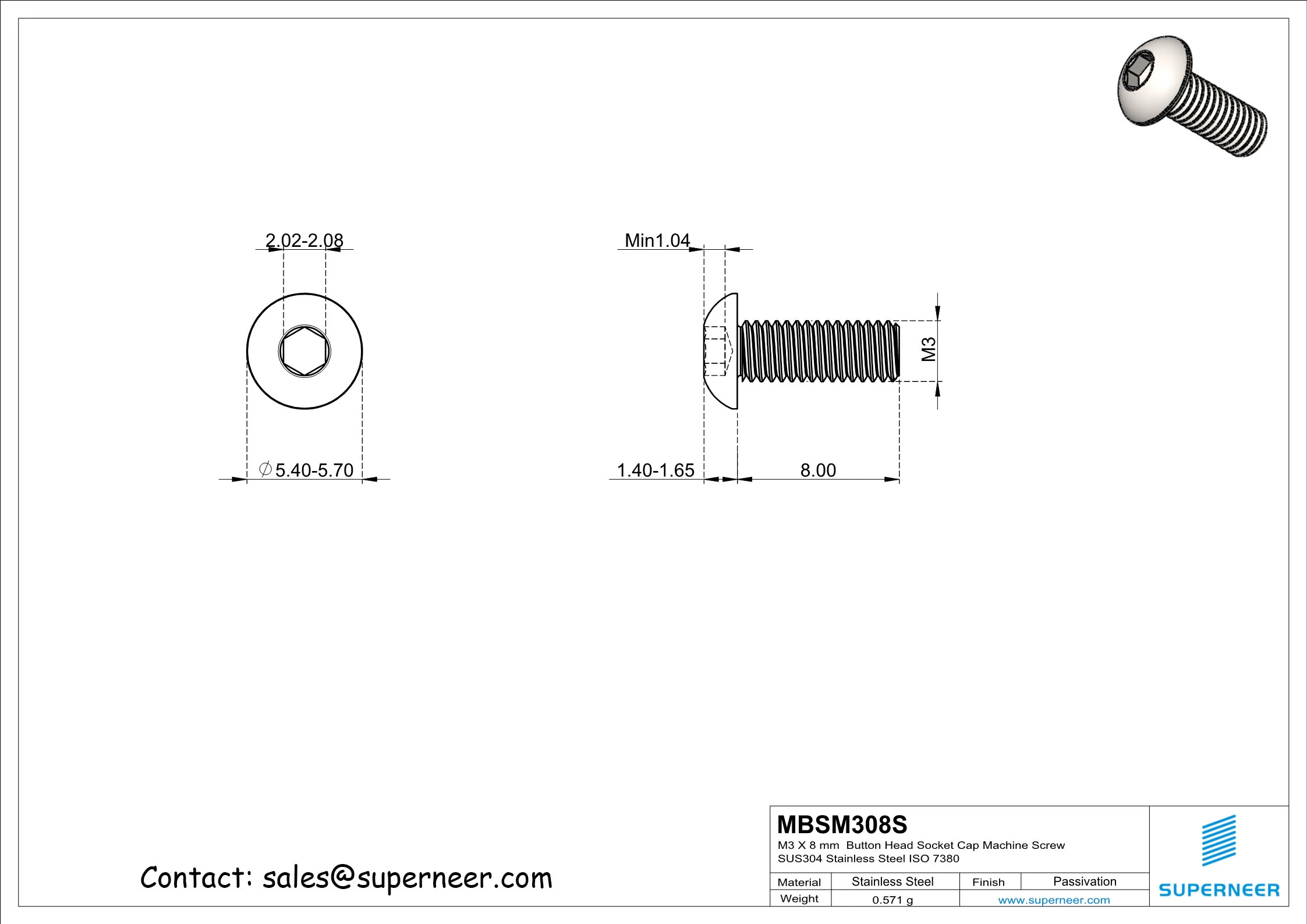 M3 x 8 mm  Button Head Socket Cap Machine Screw SUS304 Stainless Steel Inox ISO 7380