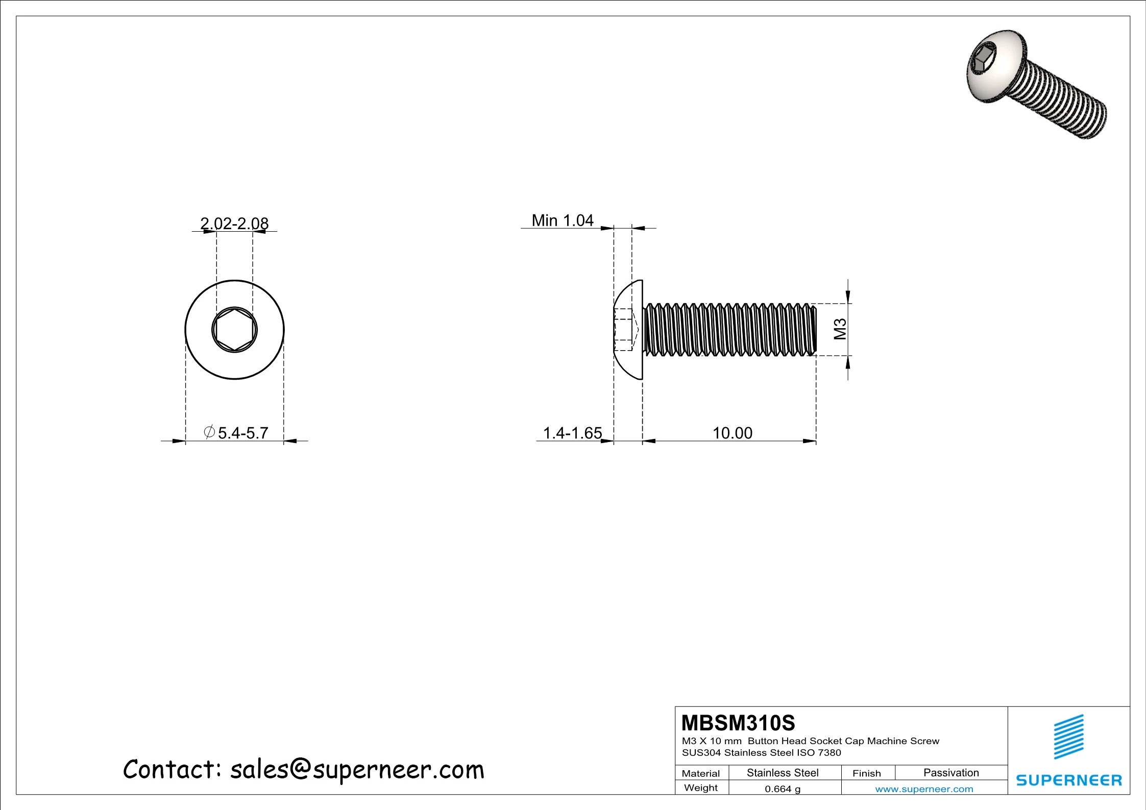 M3 x 10 mm  Button Head Socket Cap Machine Screw SUS304 Stainless Steel Inox ISO 7380