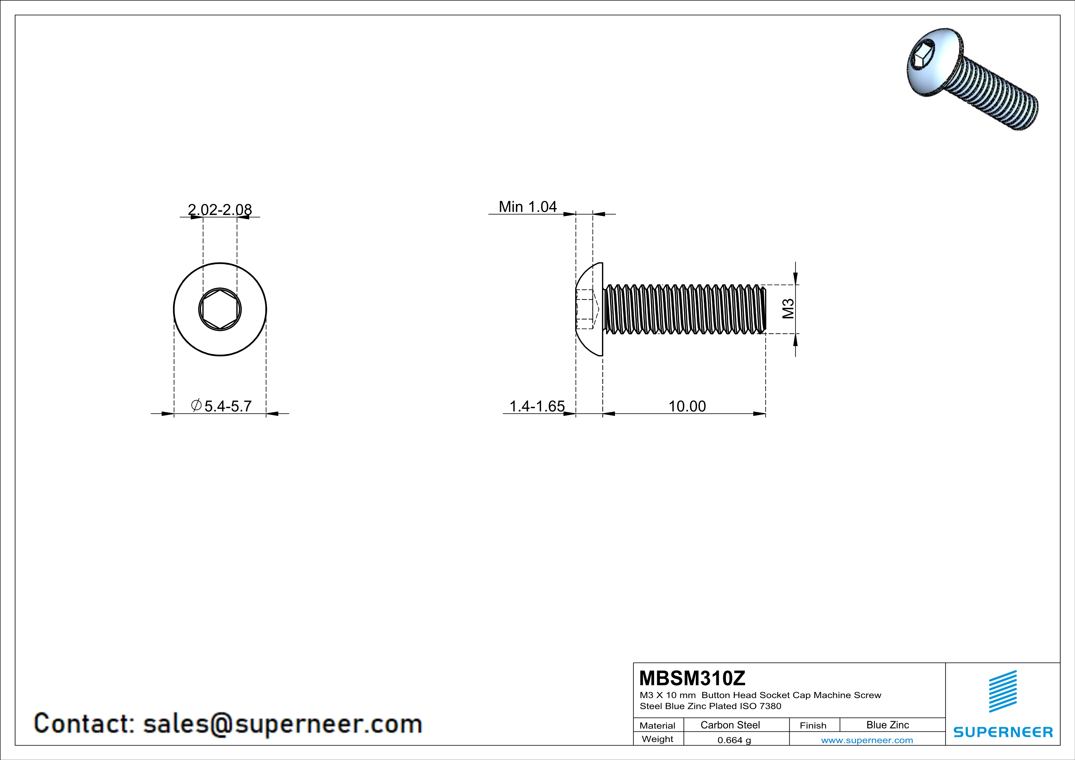 M3 x 10 mm Button Head Socket Cap Machine Screw Steel Blue Zinc Plated ISO 7380