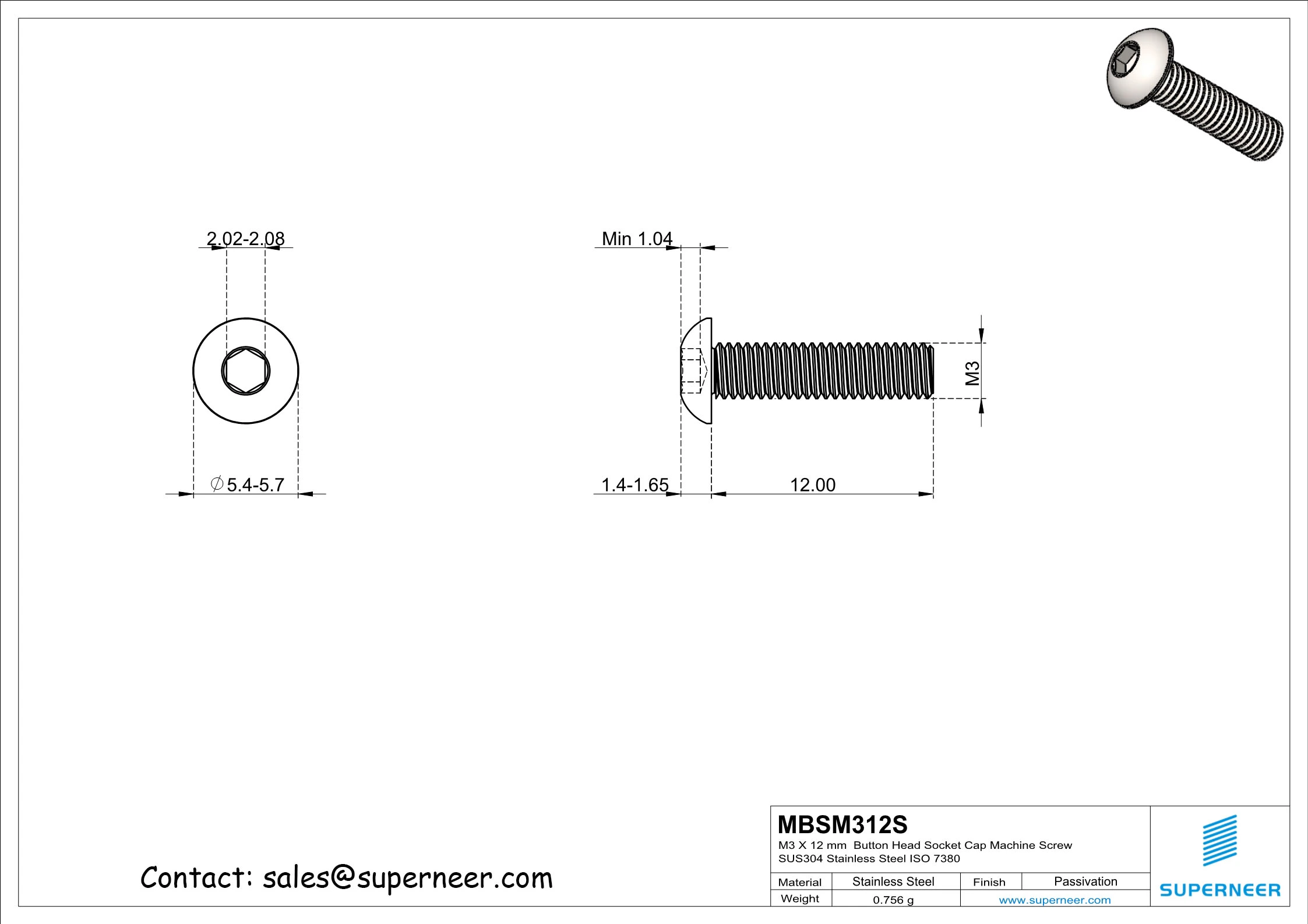 M3 x 12 mm  Button Head Socket Cap Machine Screw SUS304 Stainless Steel Inox ISO 7380