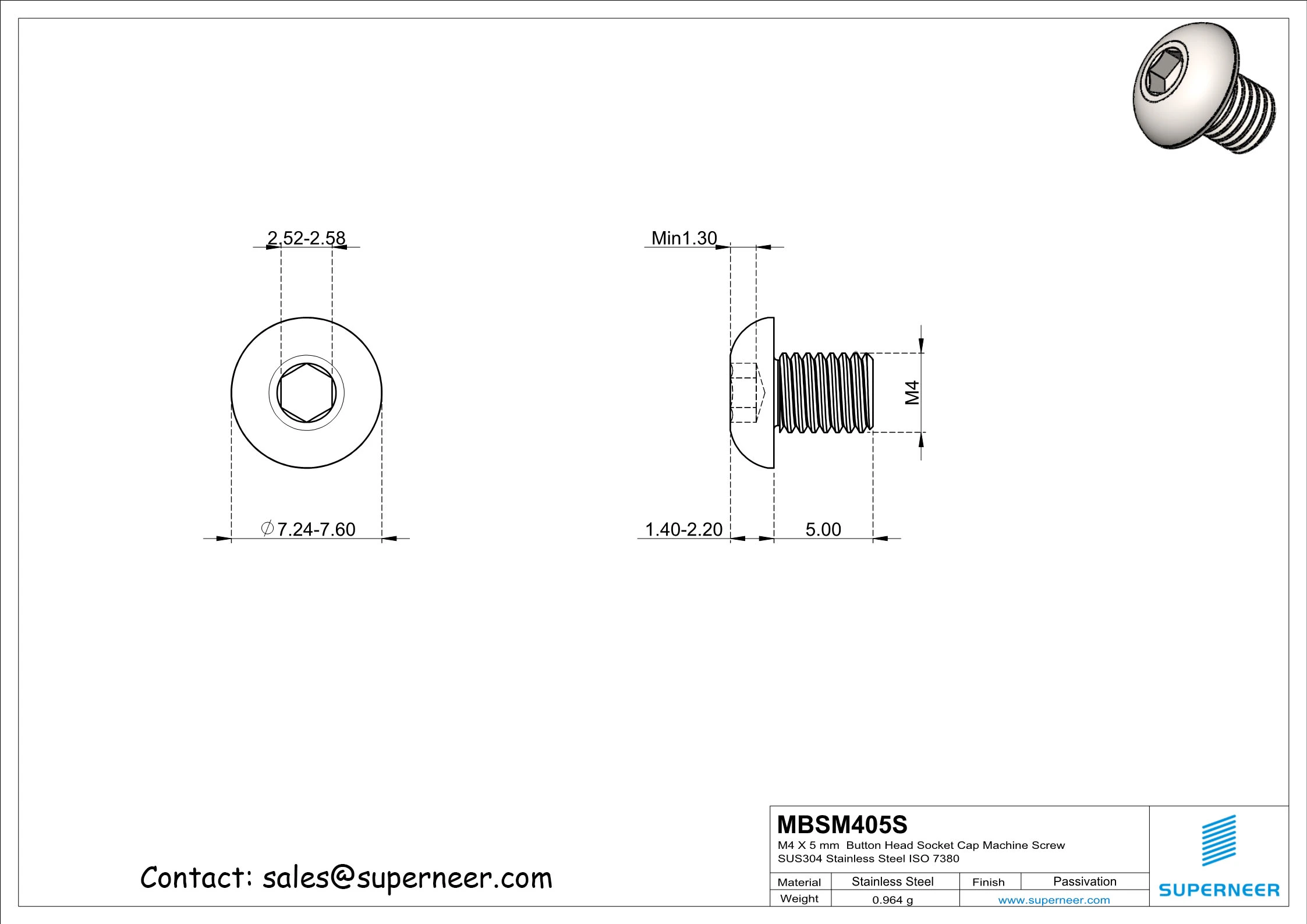 M4 x 5 mm  Button Head Socket Cap Machine Screw SUS304 Stainless Steel Inox ISO 7380