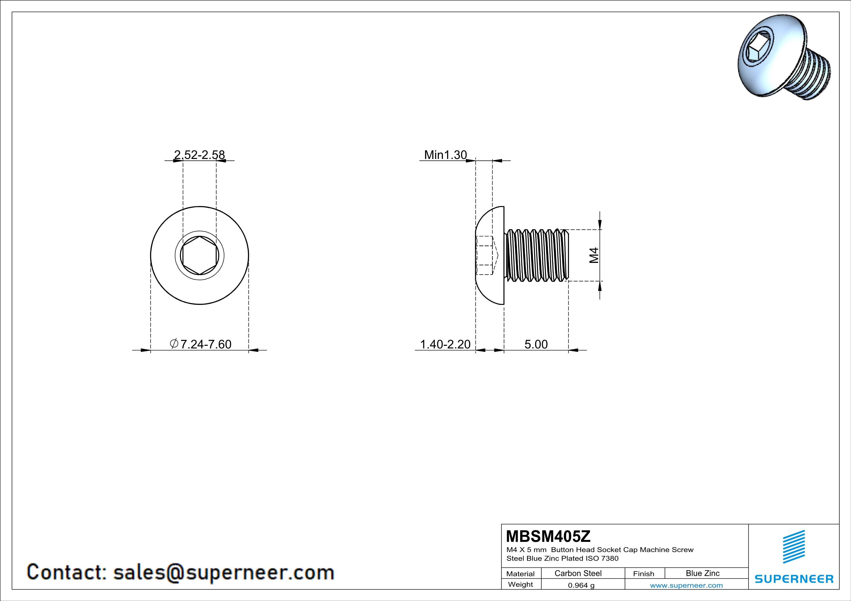 M4 x 5 mm Button Head Socket Cap Machine Screw Steel Blue Zinc Plated ISO 7380