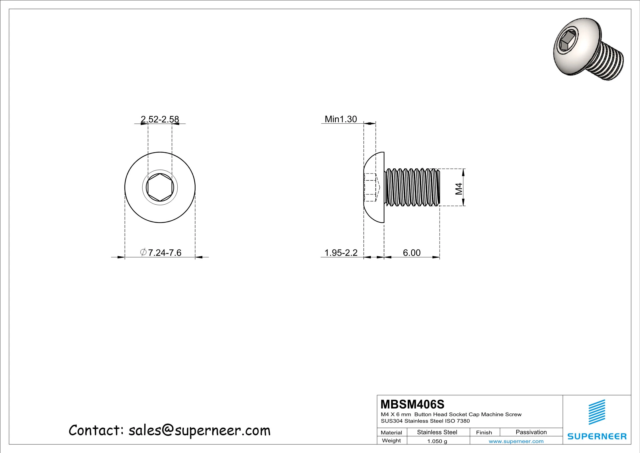 M4 x 6 mm  Button Head Socket Cap Machine Screw SUS304 Stainless Steel Inox ISO 7380