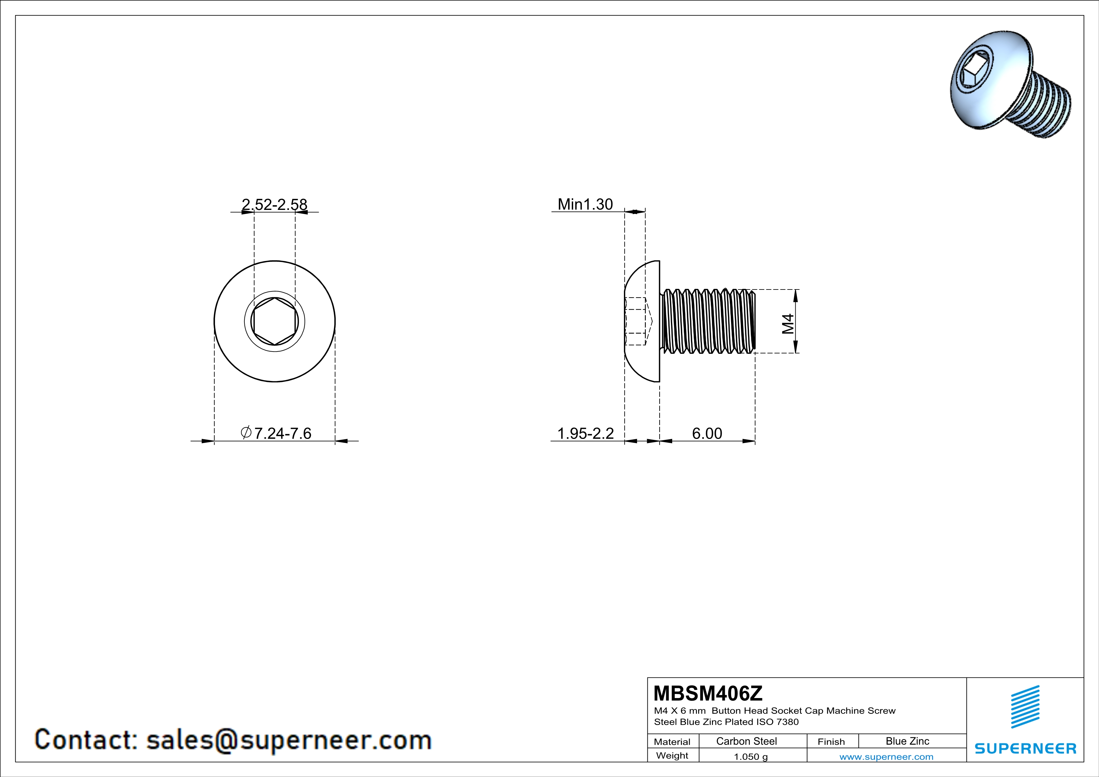 M4 x 6 mm Button Head Socket Cap Machine Screw Steel Blue Zinc Plated ISO 7380
