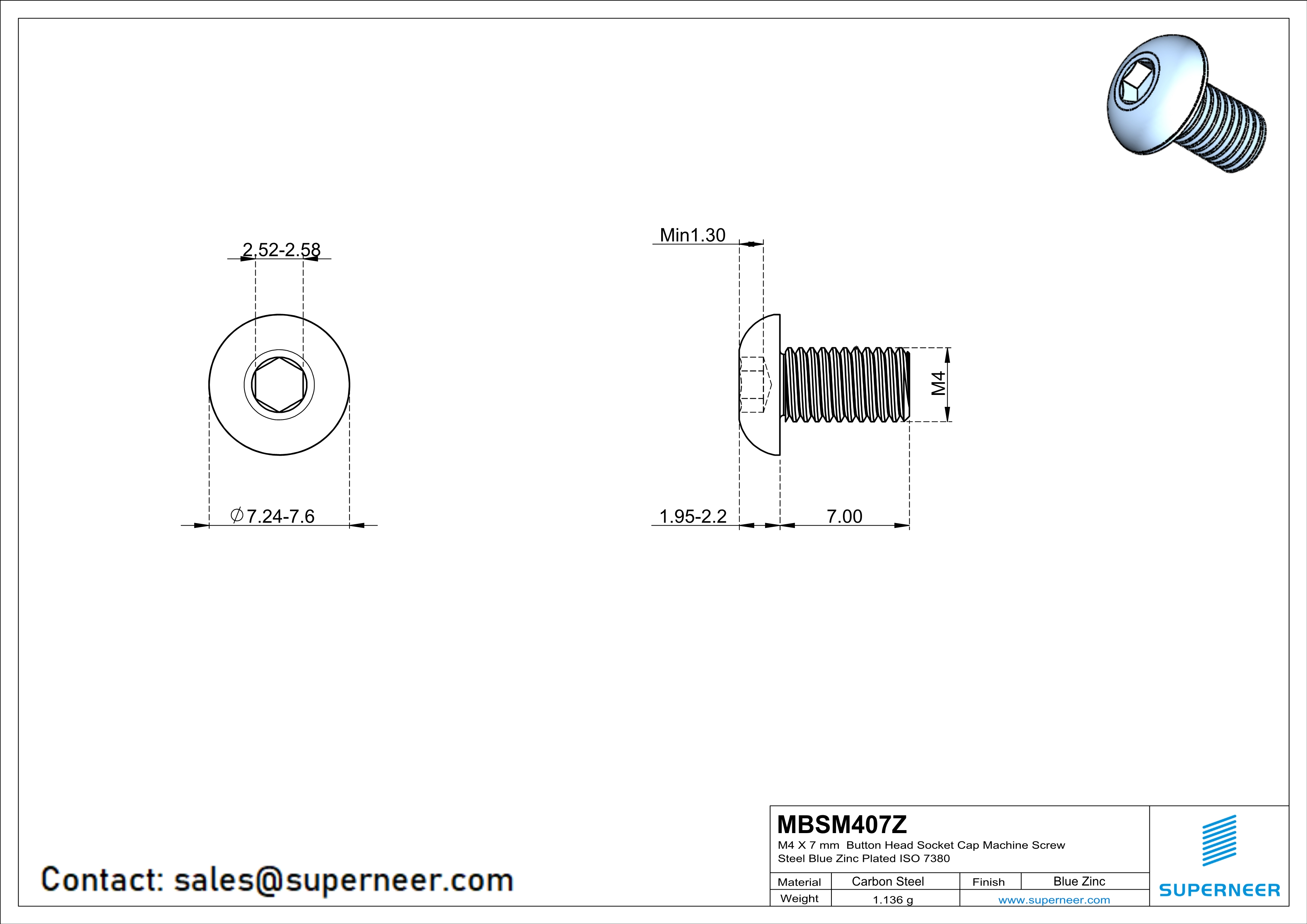 M4 x 7 mm Button Head Socket Cap Machine Screw Steel Blue Zinc Plated ISO 7380