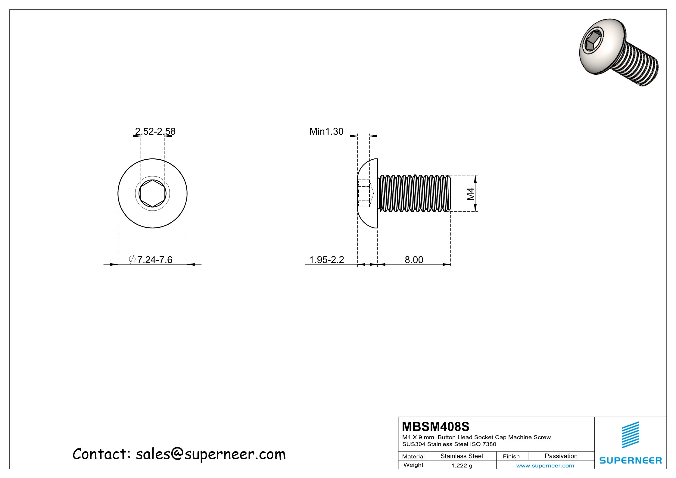 M4 x 8 mm  Button Head Socket Cap Machine Screw SUS304 Stainless Steel Inox ISO 7380