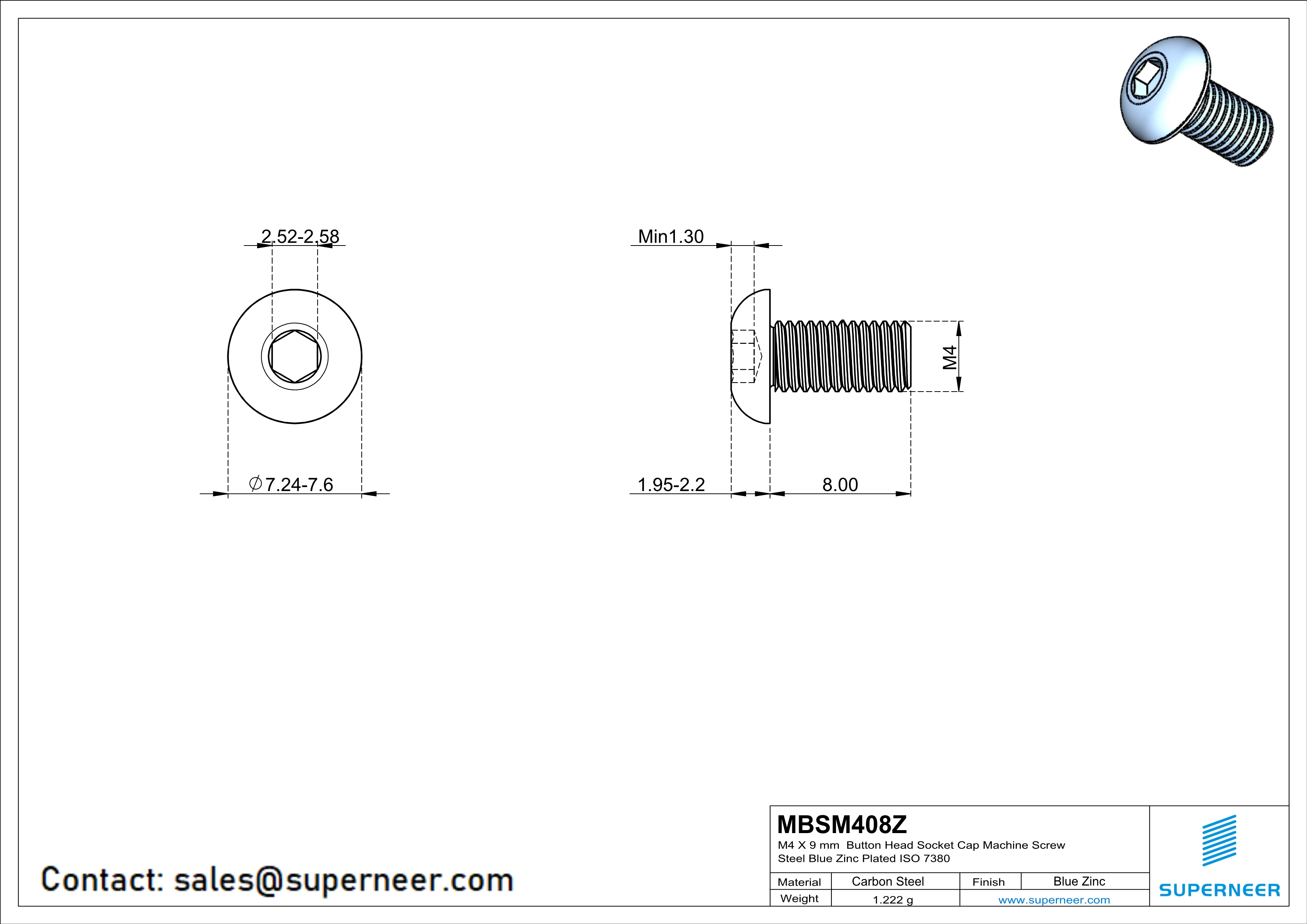 M4 x 8 mm Button Head Socket Cap Machine Screw Steel Blue Zinc Plated ISO 7380