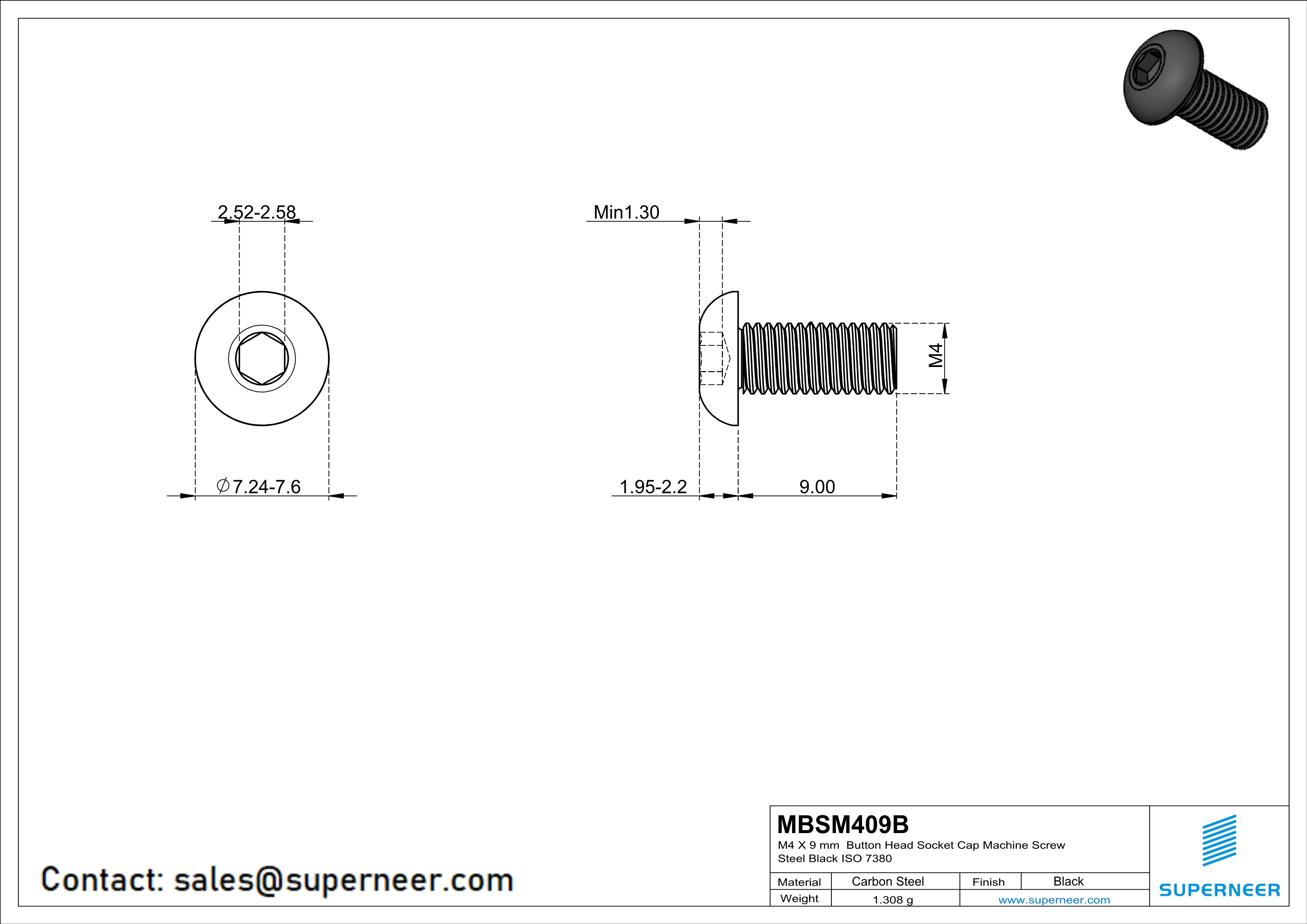 M4 x 9 mm Button Head Socket Cap Machine Screw Steel Black ISO 7380