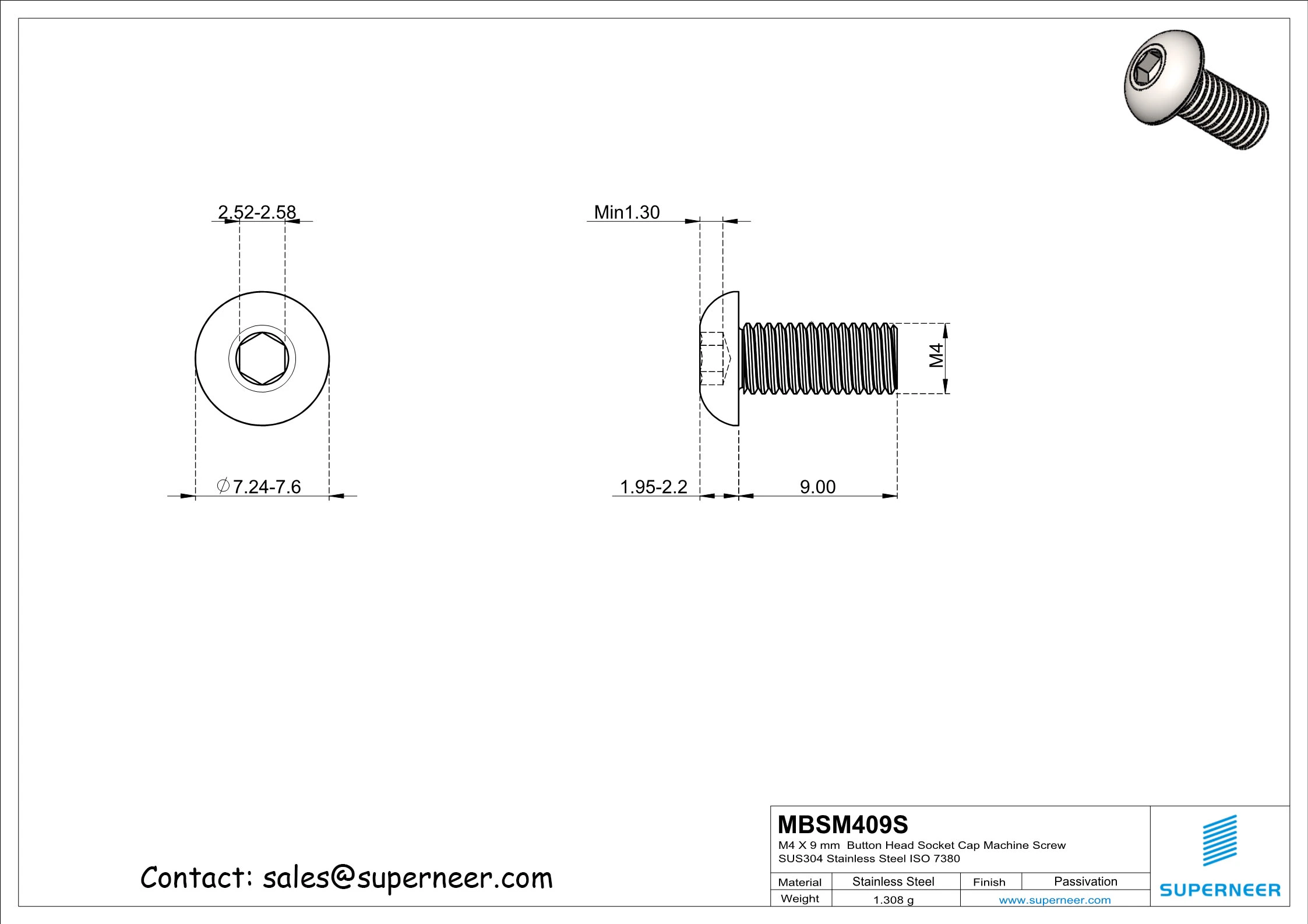 M4 x 9 mm  Button Head Socket Cap Machine Screw SUS304 Stainless Steel Inox ISO 7380