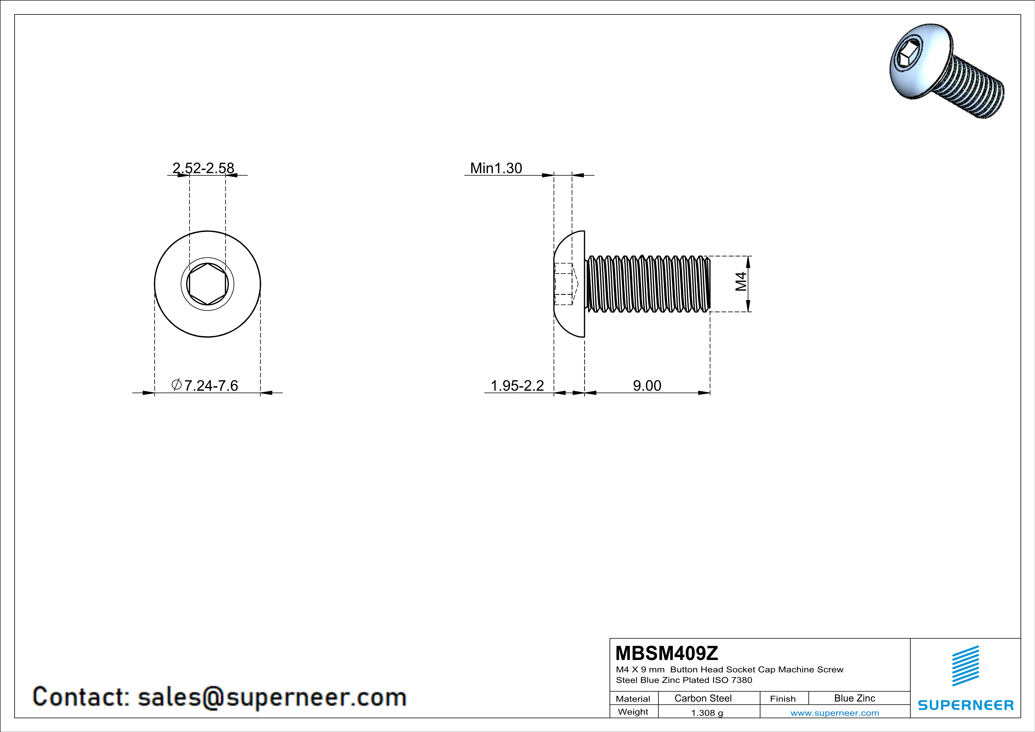 M4 x 9 mm Button Head Socket Cap Machine Screw Steel Blue Zinc Plated ISO 7380