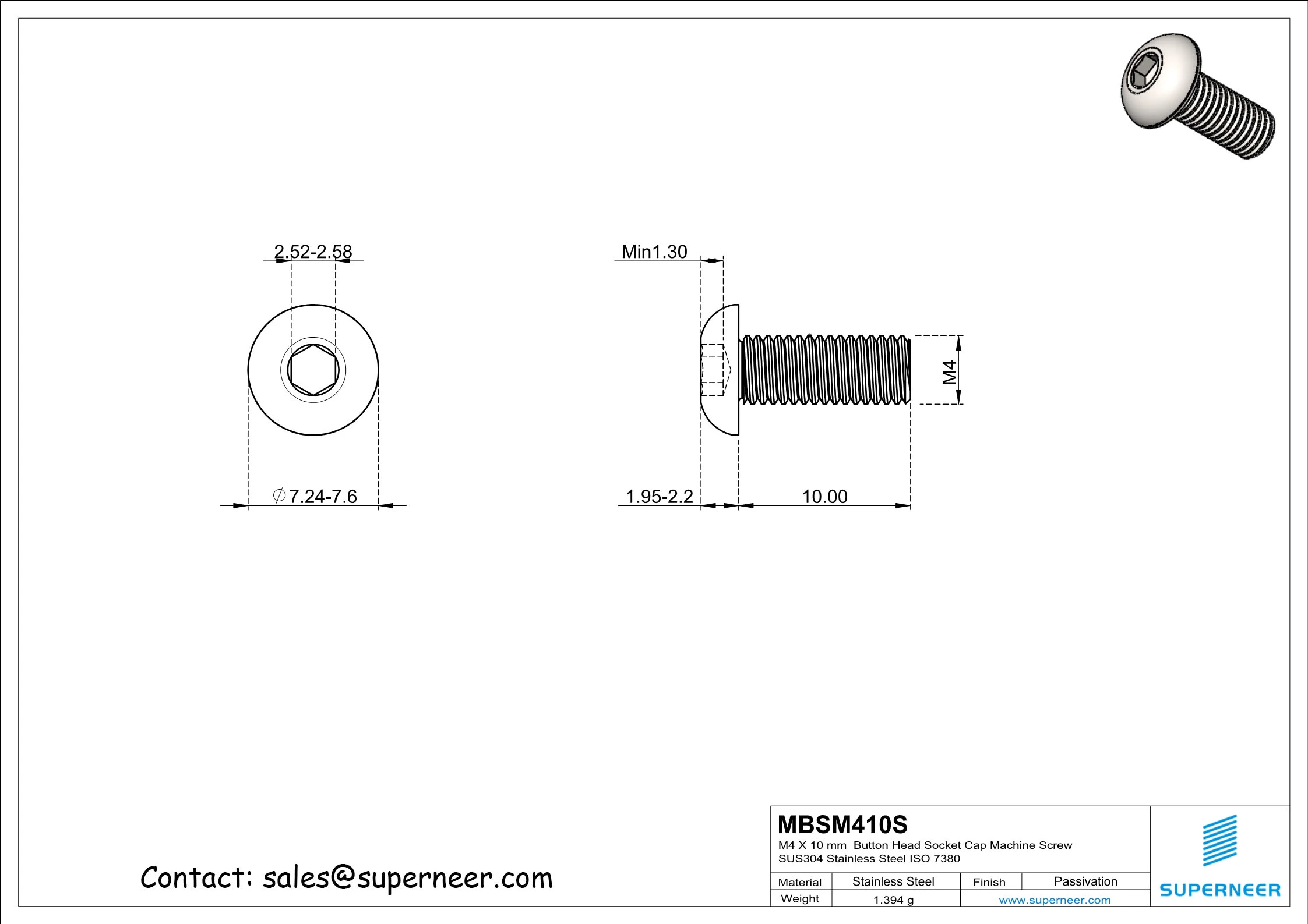 M4 x 10 mm  Button Head Socket Cap Machine Screw SUS304 Stainless Steel Inox ISO 7380