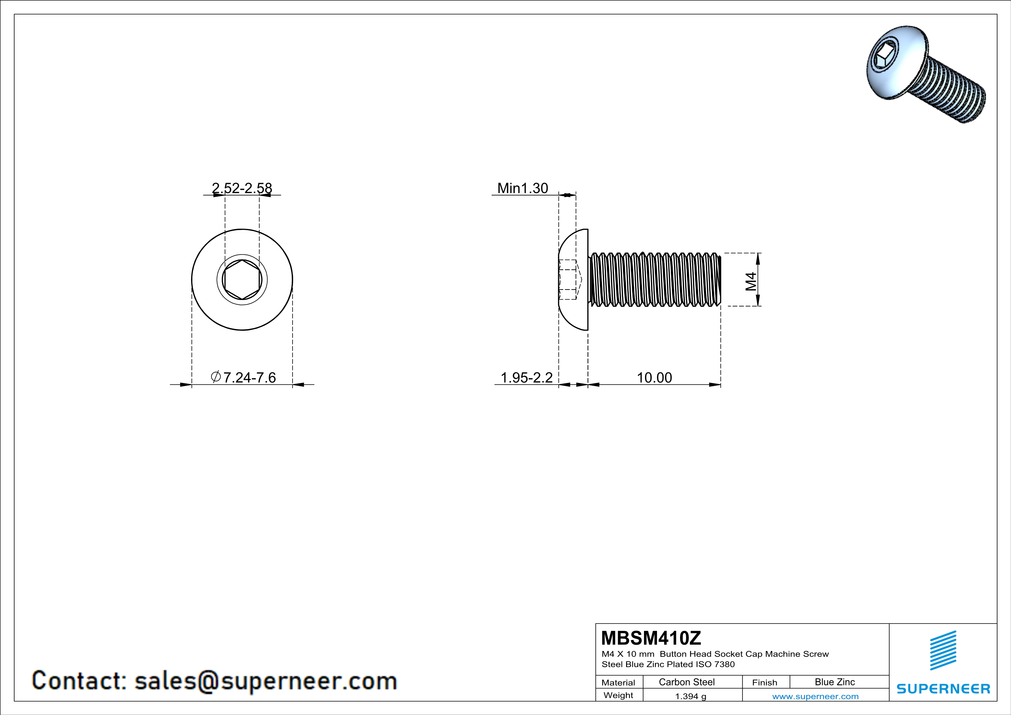 M4 x 10 mm Button Head Socket Cap Machine Screw Steel Blue Zinc Plated ISO 7380