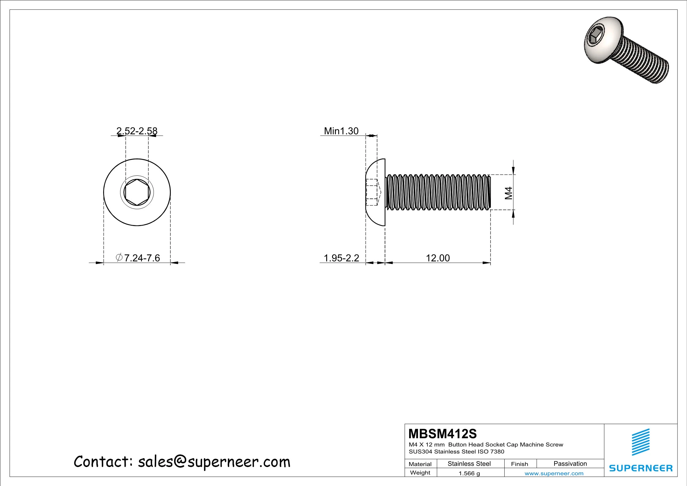 M4 x 12 mm  Button Head Socket Cap Machine Screw SUS304 Stainless Steel Inox ISO 7380