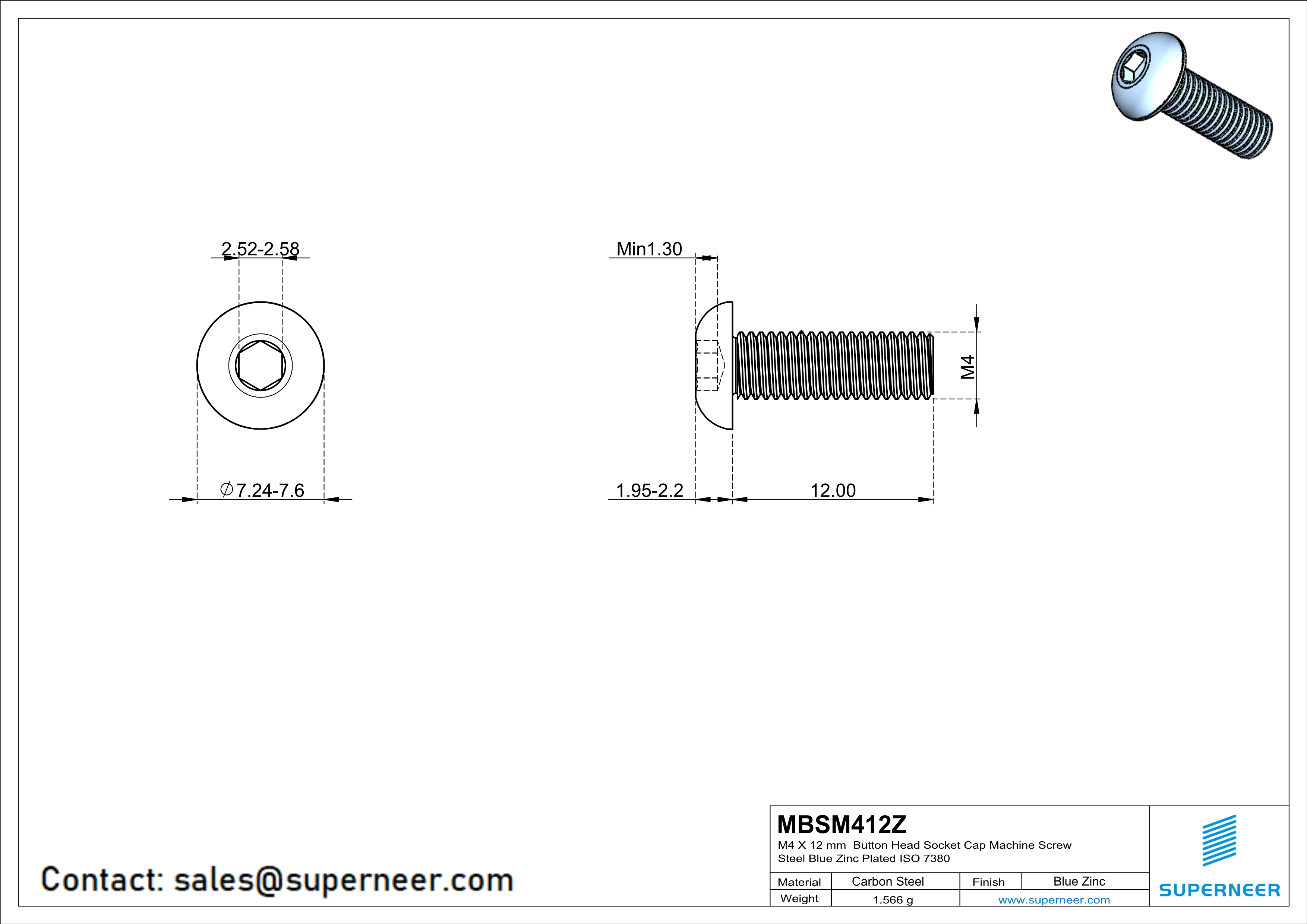 M4 x 12 mm Button Head Socket Cap Machine Screw Steel Blue Zinc Plated ISO 7380