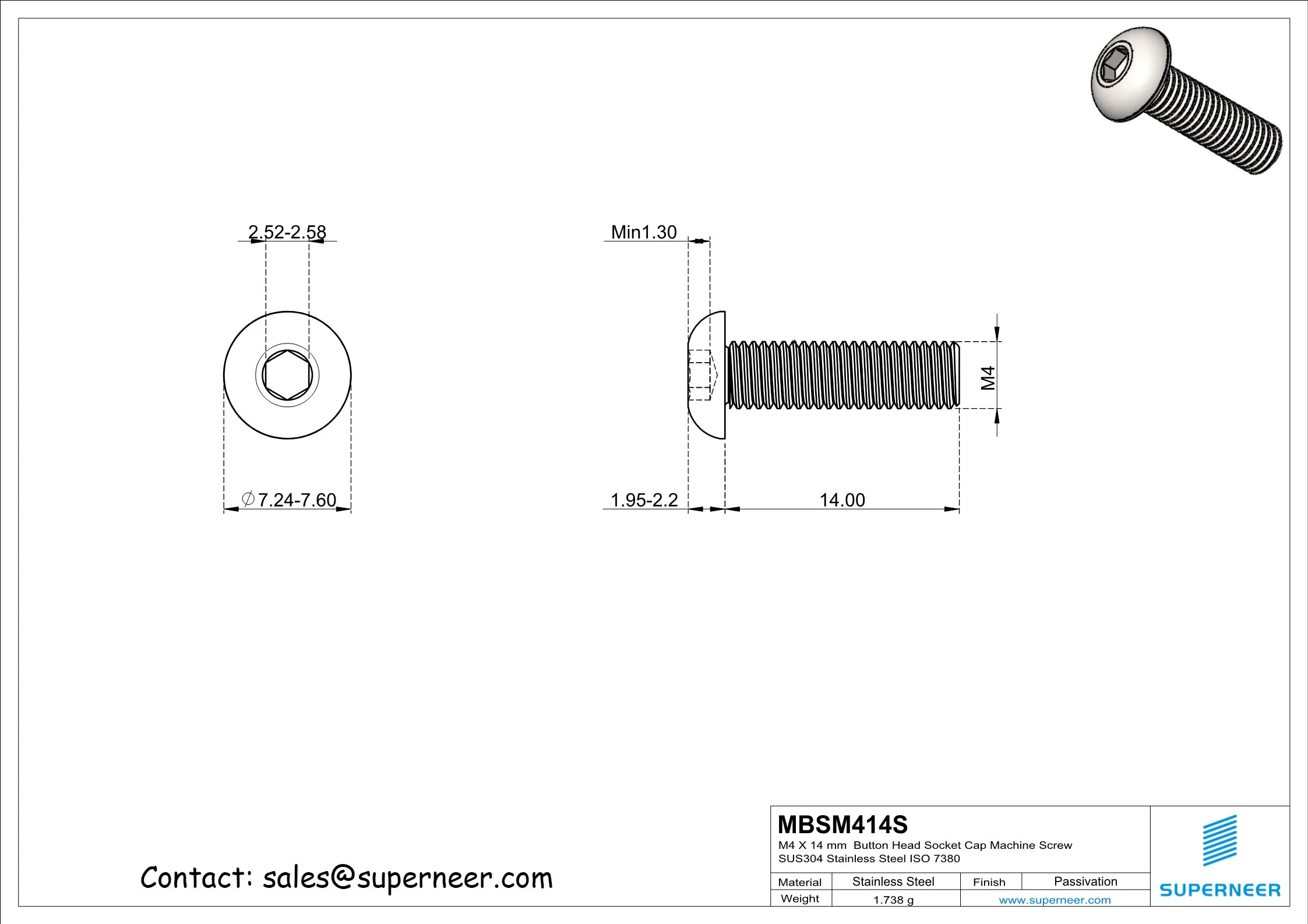 M4 x 14 mm  Button Head Socket Cap Machine Screw SUS304 Stainless Steel Inox ISO 7380