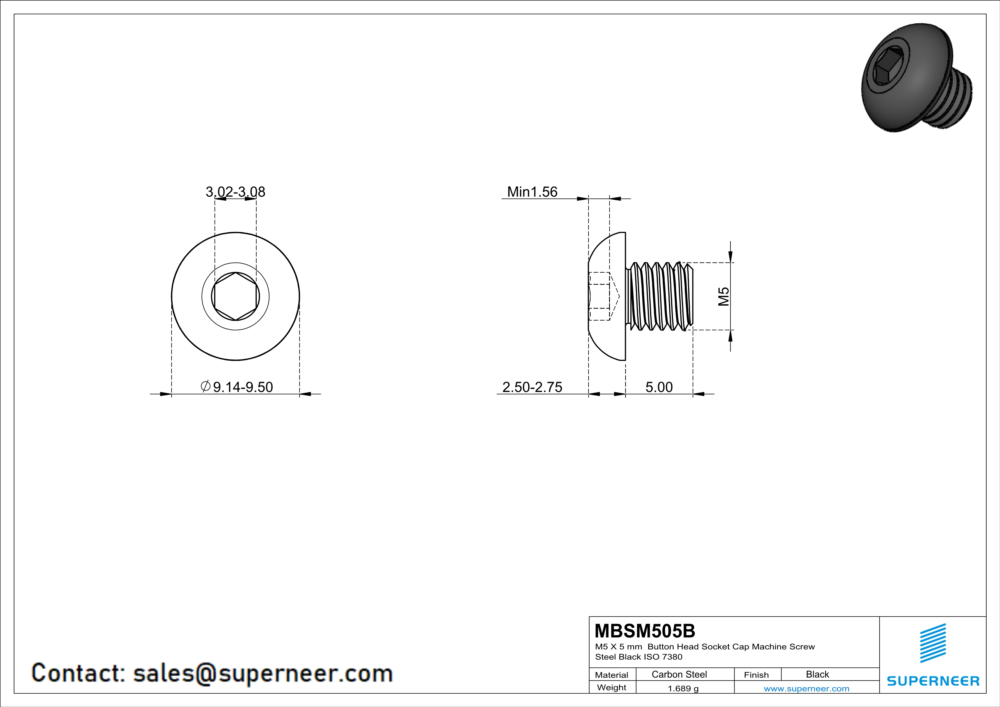 M5 x 5 mm Button Head Socket Cap Machine Screw Steel Black ISO 7380