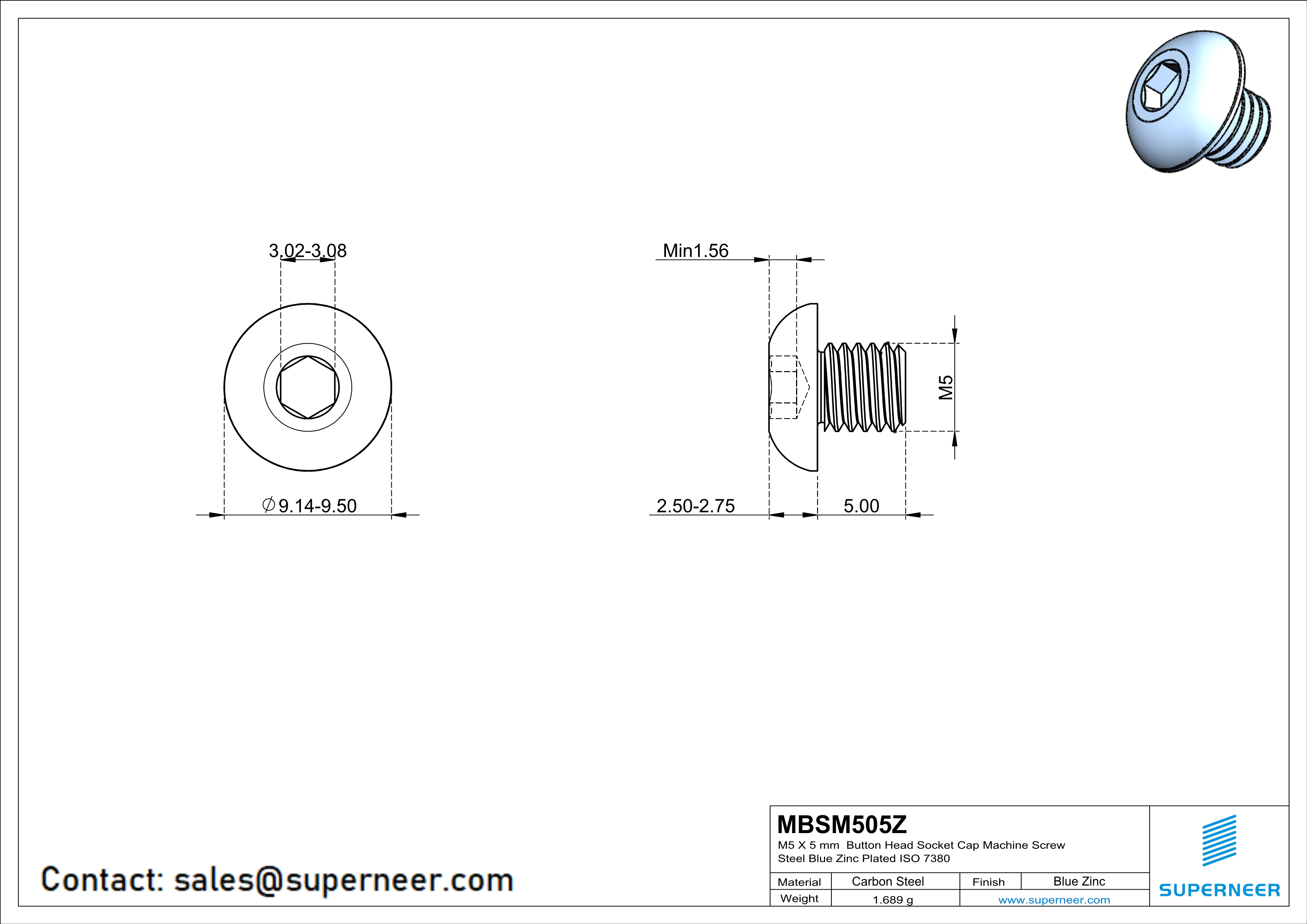 M5 x 5 mm Button Head Socket Cap Machine Screw Steel Blue Zinc Plated ISO 7380