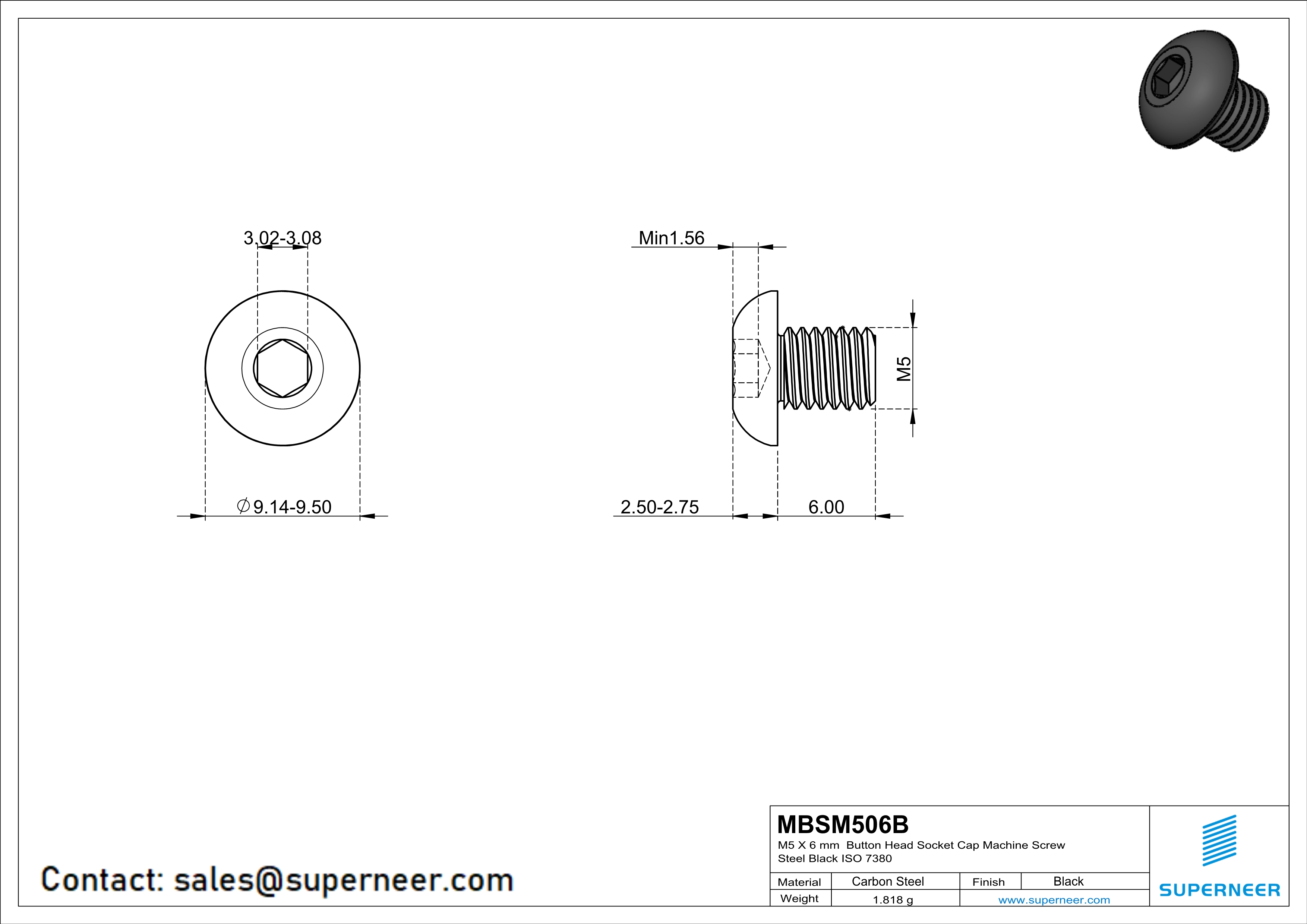 M5 x 6 mm Button Head Socket Cap Machine Screw Steel Black ISO 7380