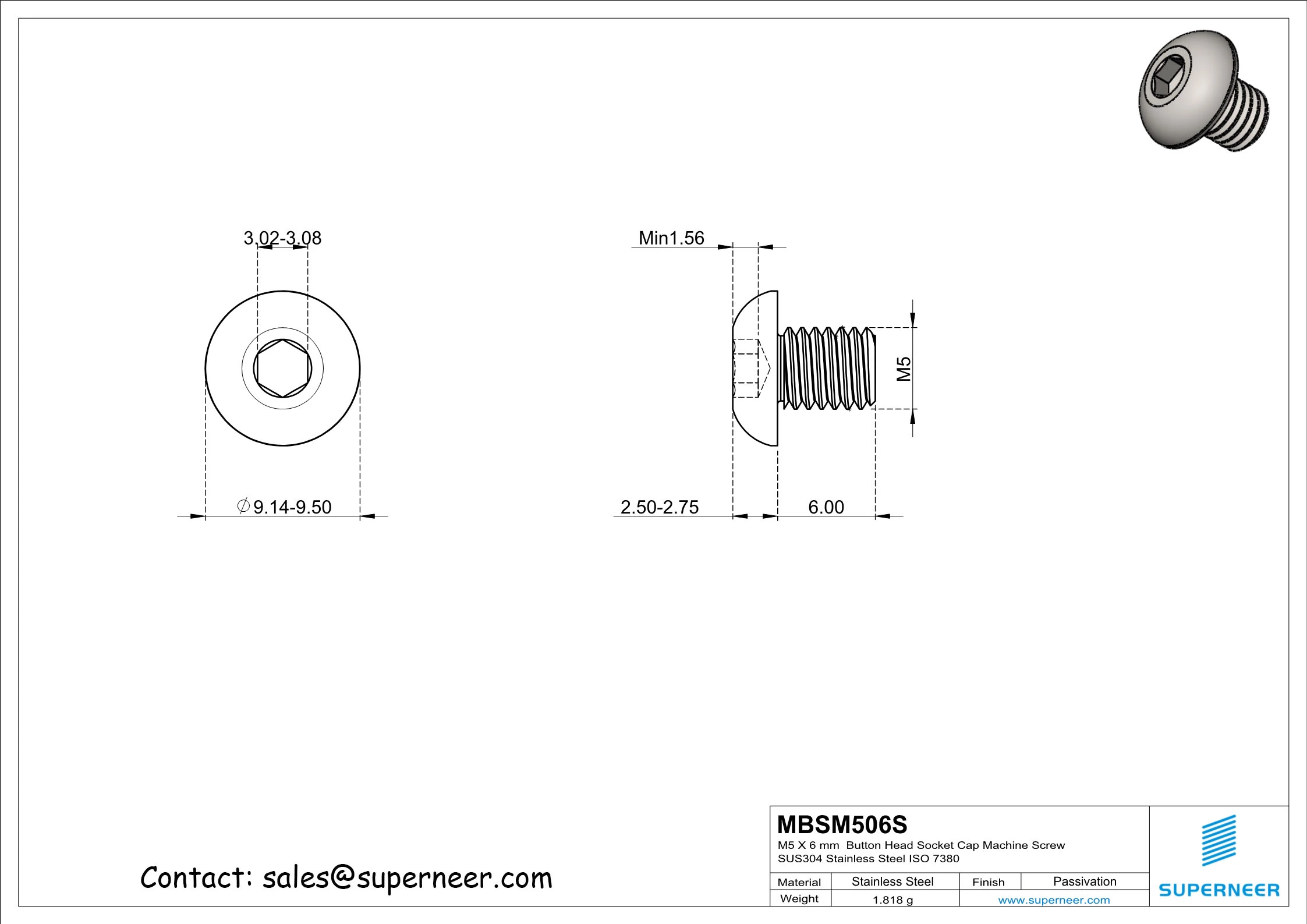 M5 x 6 mm  Button Head Socket Cap Machine Screw SUS304 Stainless Steel Inox ISO 7380