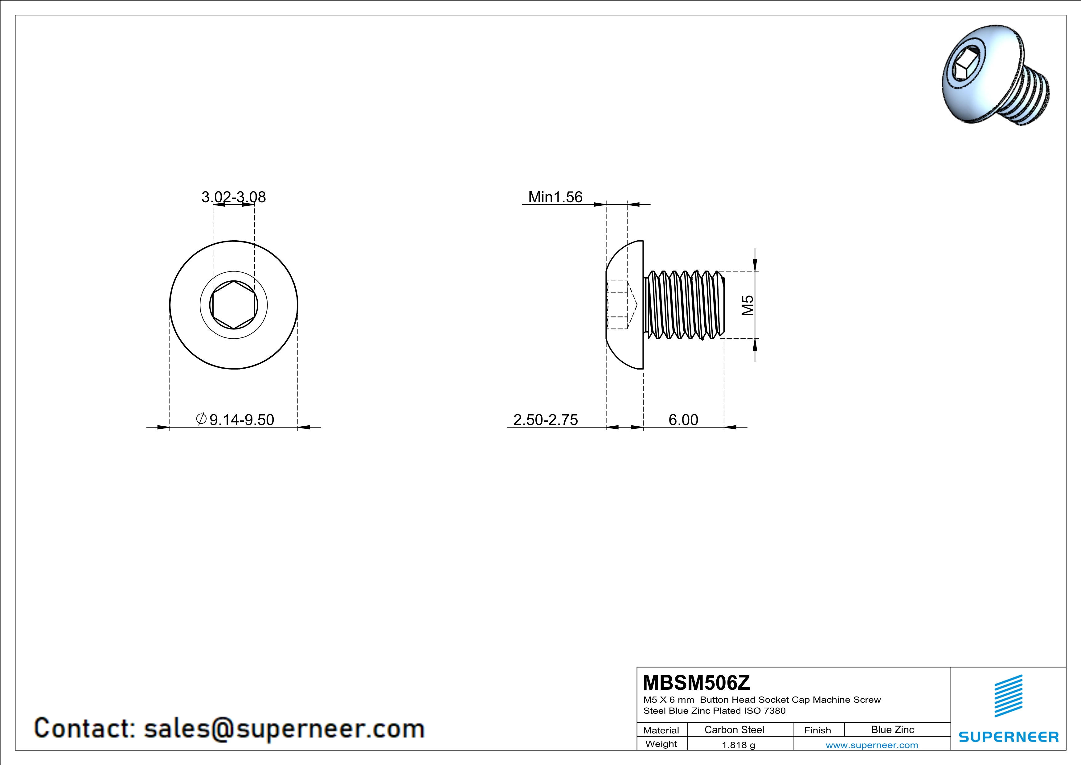 M5 x 6 mm Button Head Socket Cap Machine Screw Steel Blue Zinc Plated ISO 7380