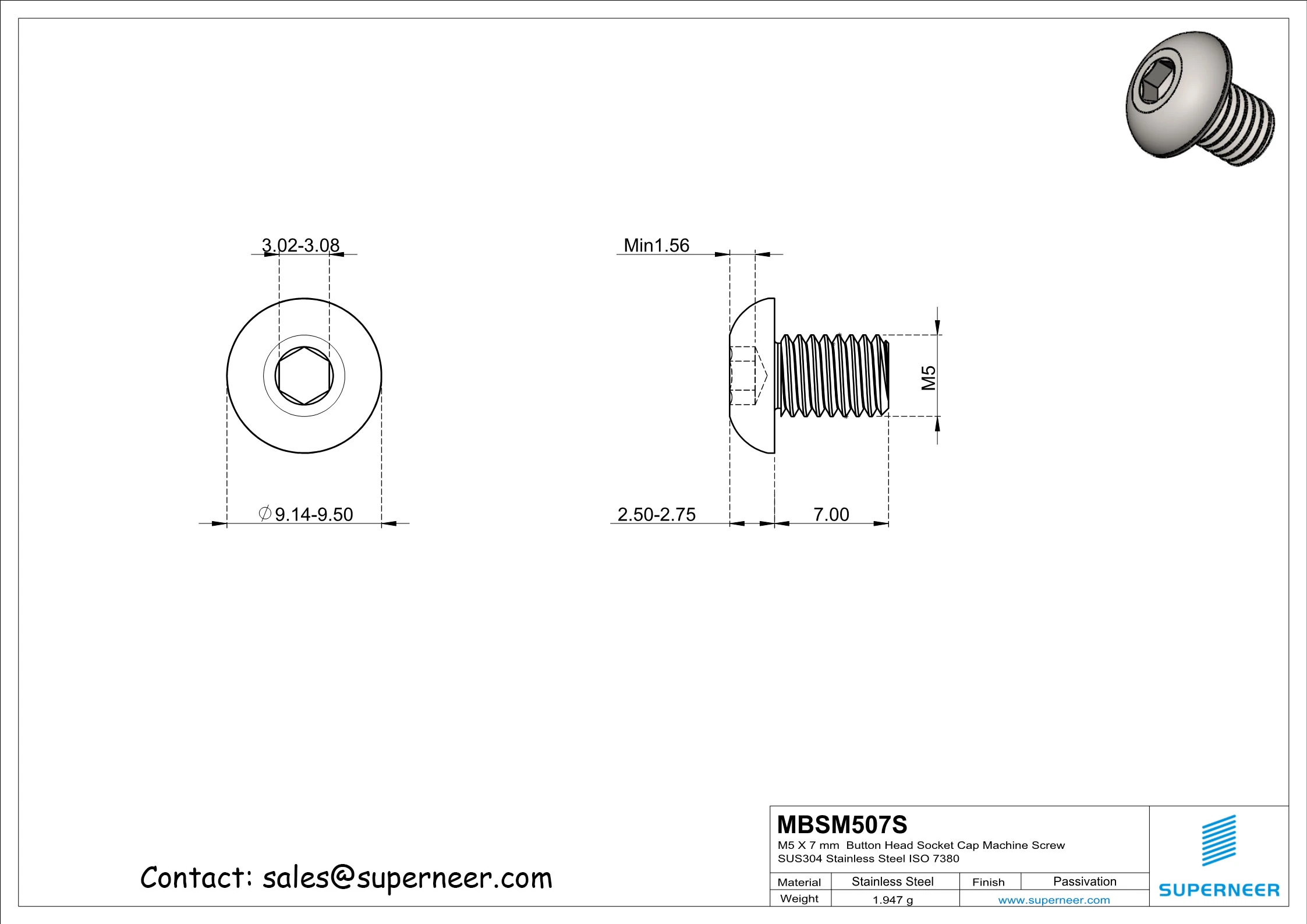 M5 x 7 mm  Button Head Socket Cap Machine Screw SUS304 Stainless Steel Inox ISO 7380