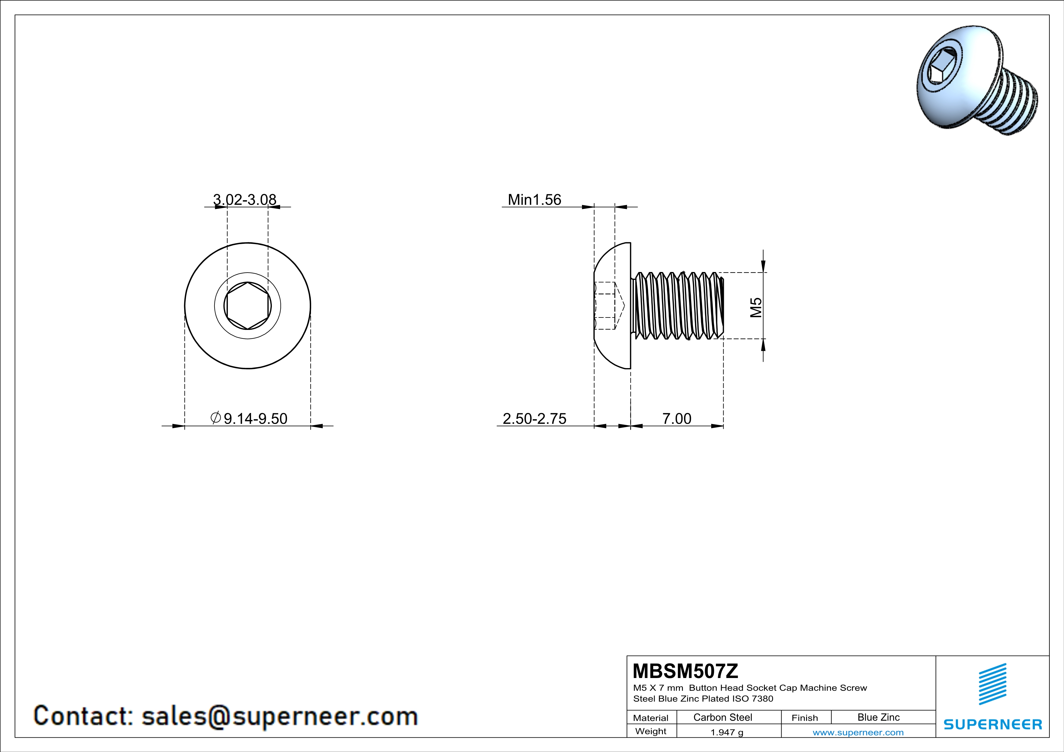 M5 x 7 mm Button Head Socket Cap Machine Screw Steel Blue Zinc Plated ISO 7380
