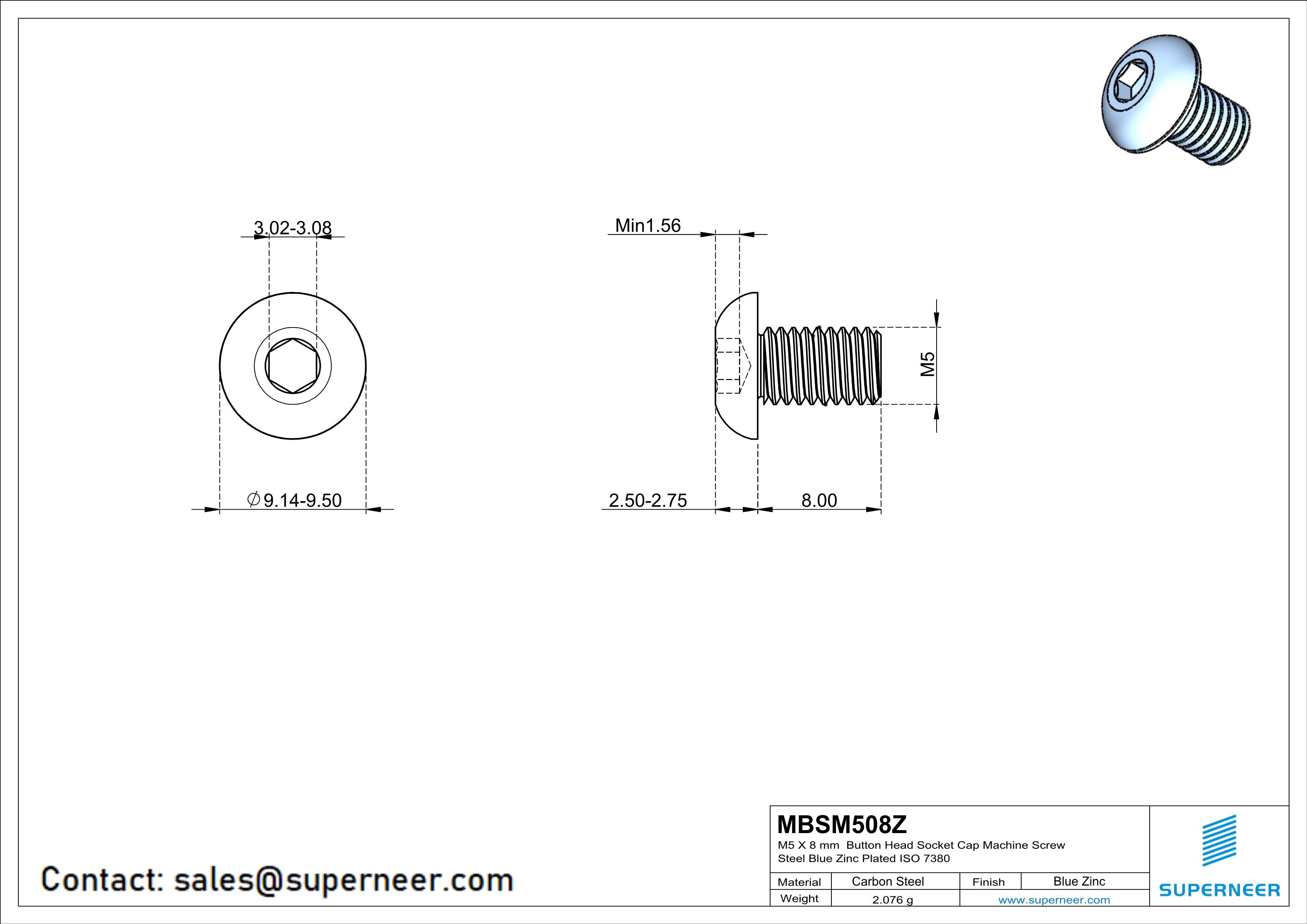 M5 x 8 mm Button Head Socket Cap Machine Screw Steel Blue Zinc Plated ISO 7380