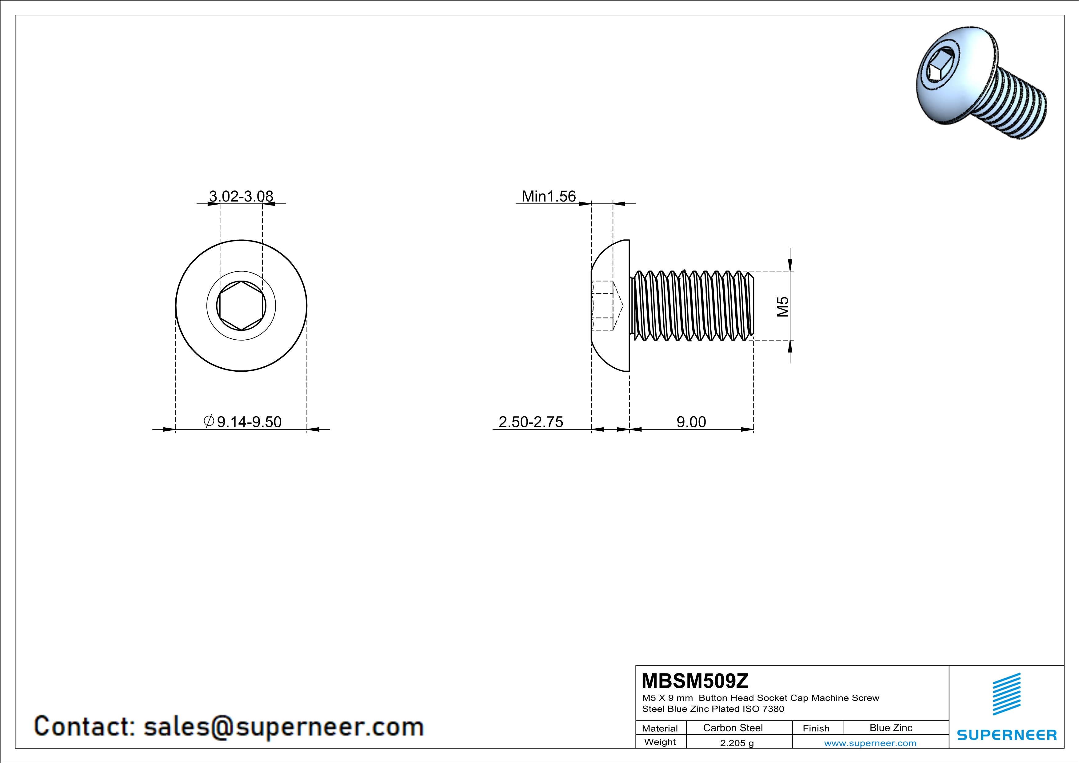 M5 x 9 mm Button Head Socket Cap Machine Screw Steel Blue Zinc Plated ISO 7380