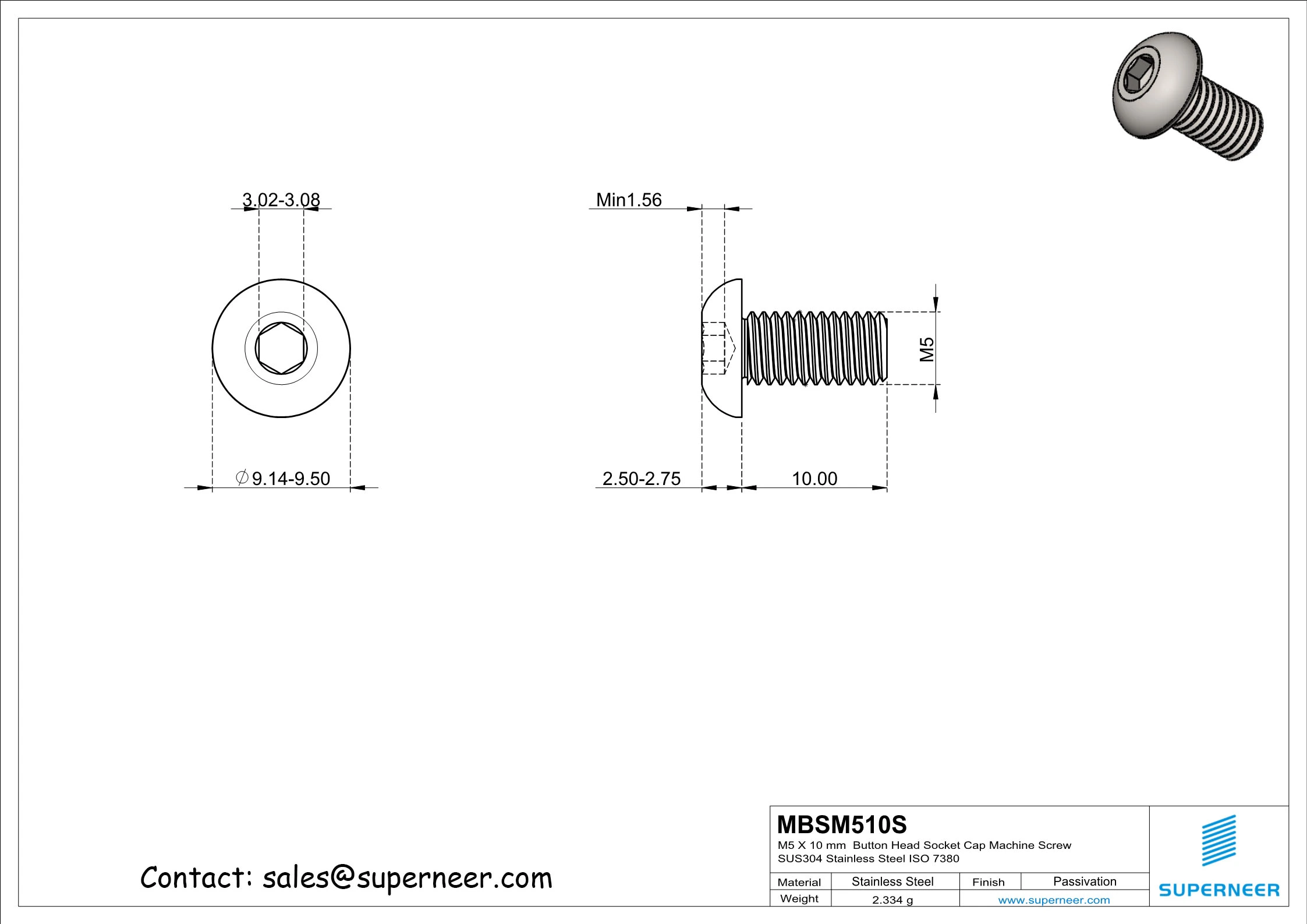 M5 x 10 mm  Button Head Socket Cap Machine Screw SUS304 Stainless Steel Inox ISO 7380