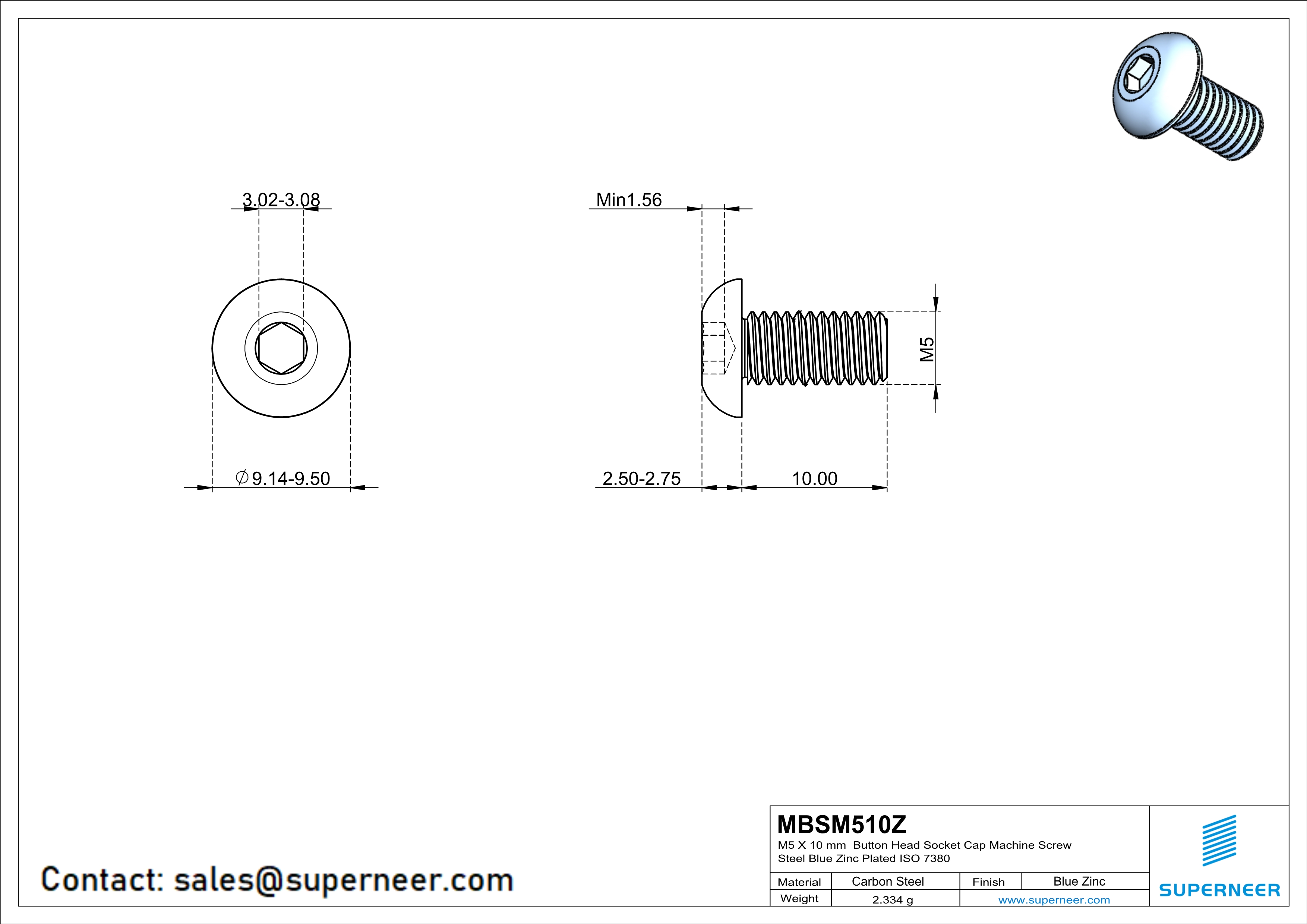 M5 x 10 mm Button Head Socket Cap Machine Screw Steel Blue Zinc Plated ISO 7380