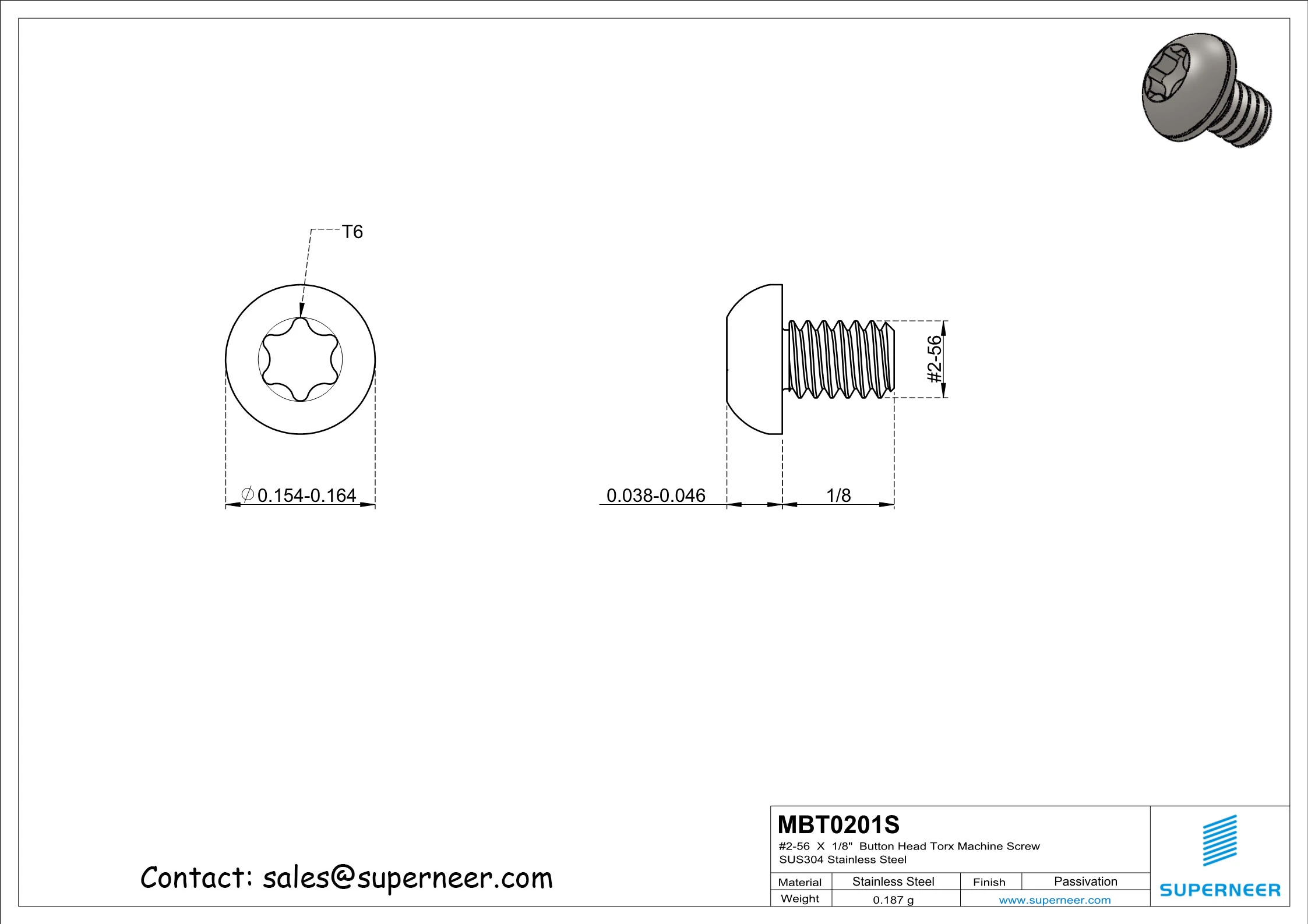 2-56  x 1/8"  Button Head Torx Machine Screw SUS304 Stainless Steel Inox 