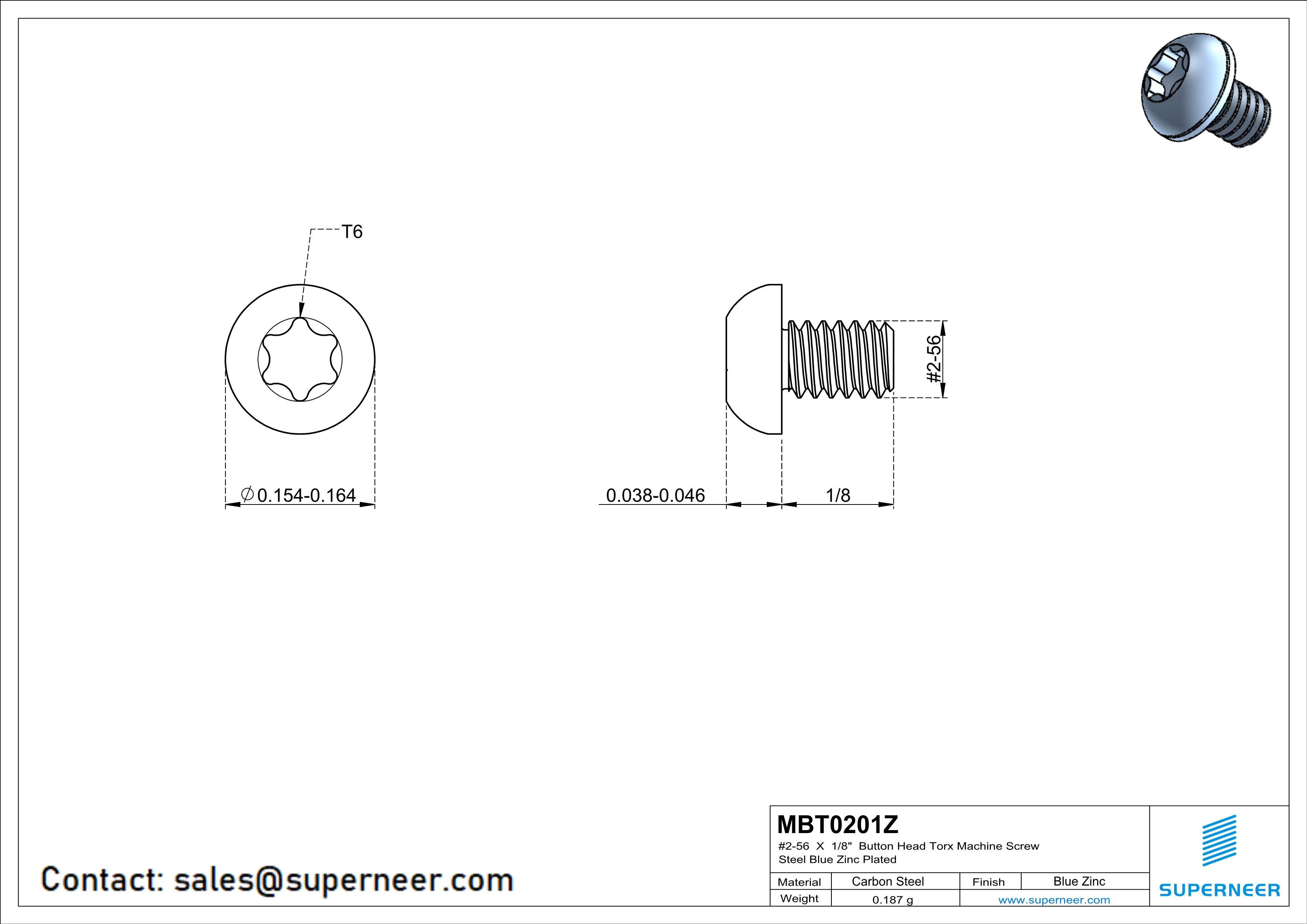 2-56 x 1/8" Button Head Torx Machine Screw Steel Blue Zinc Plated 
