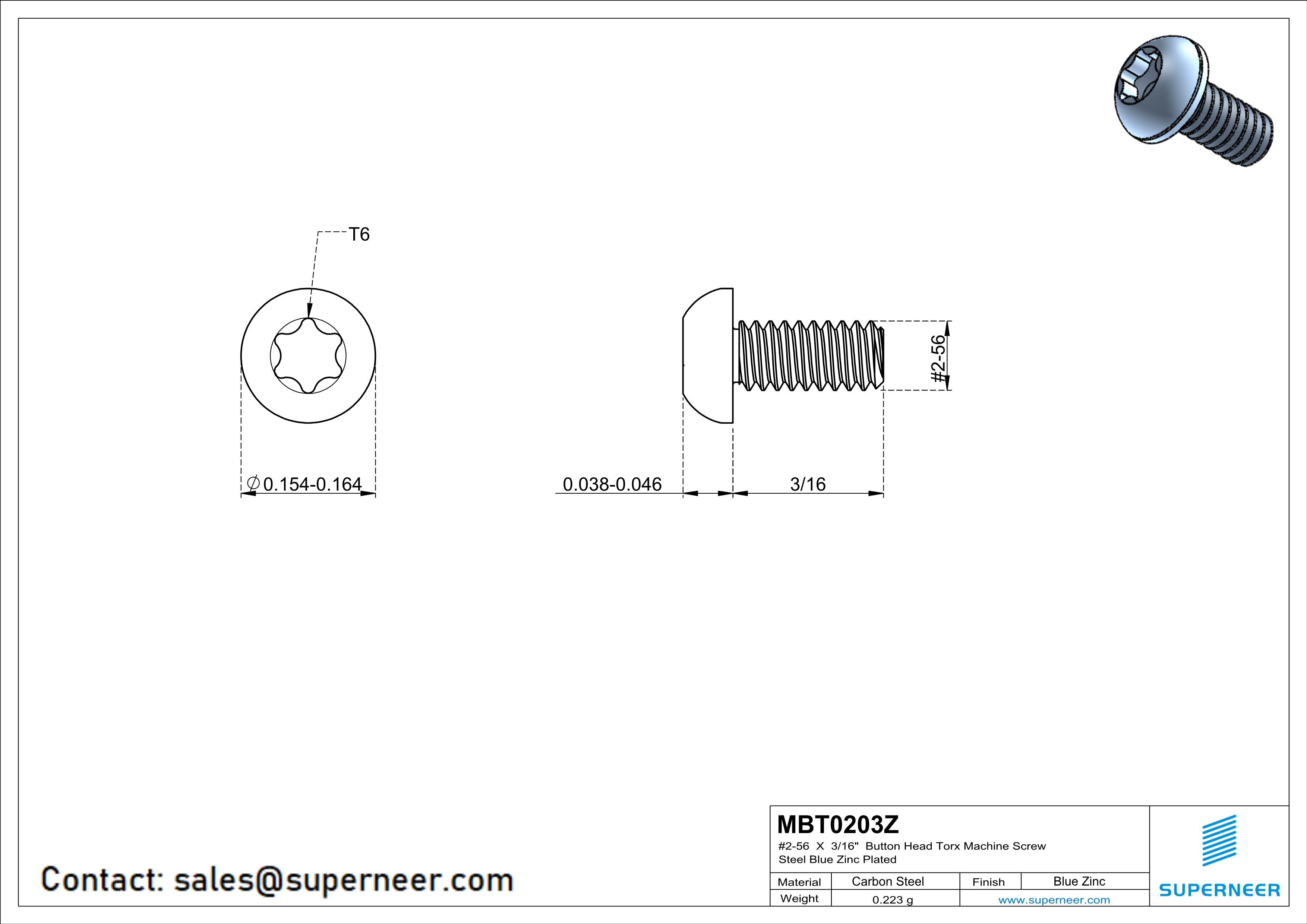 2-56 x 3/16" Button Head Torx Machine Screw Steel Blue Zinc Plated 