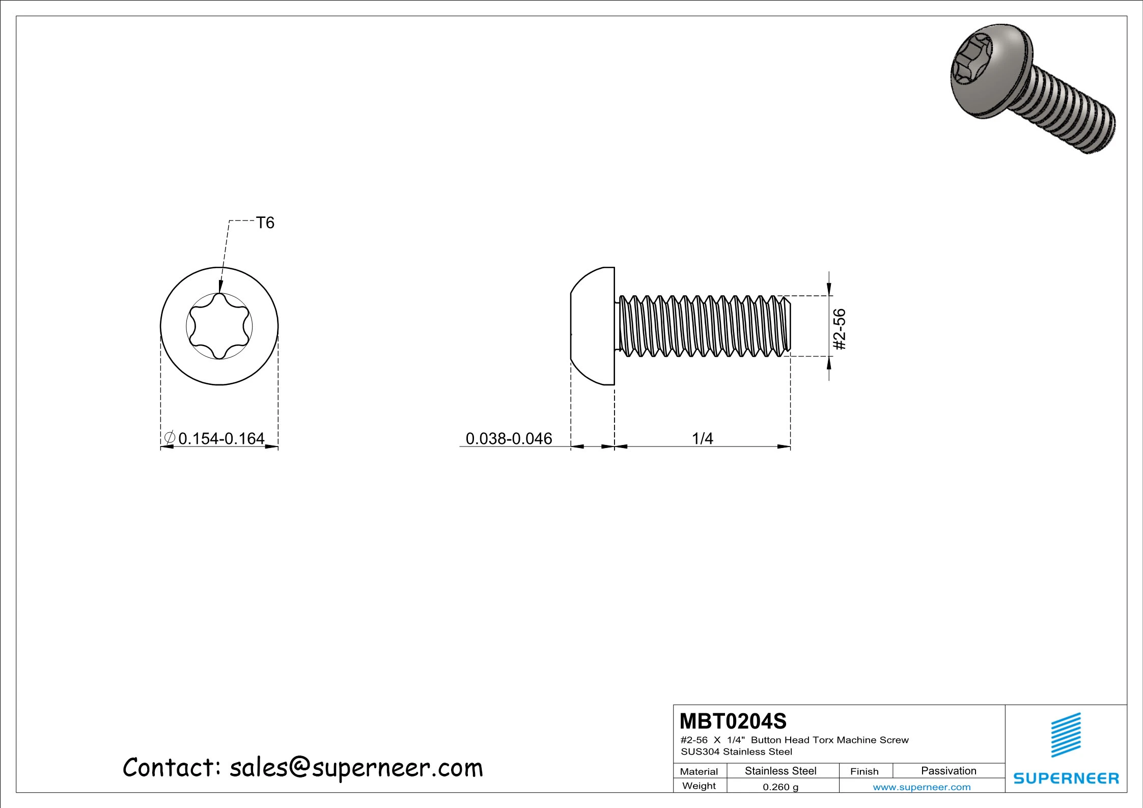 2-56  x 1/4"  Button Head Torx Machine Screw SUS304 Stainless Steel Inox 