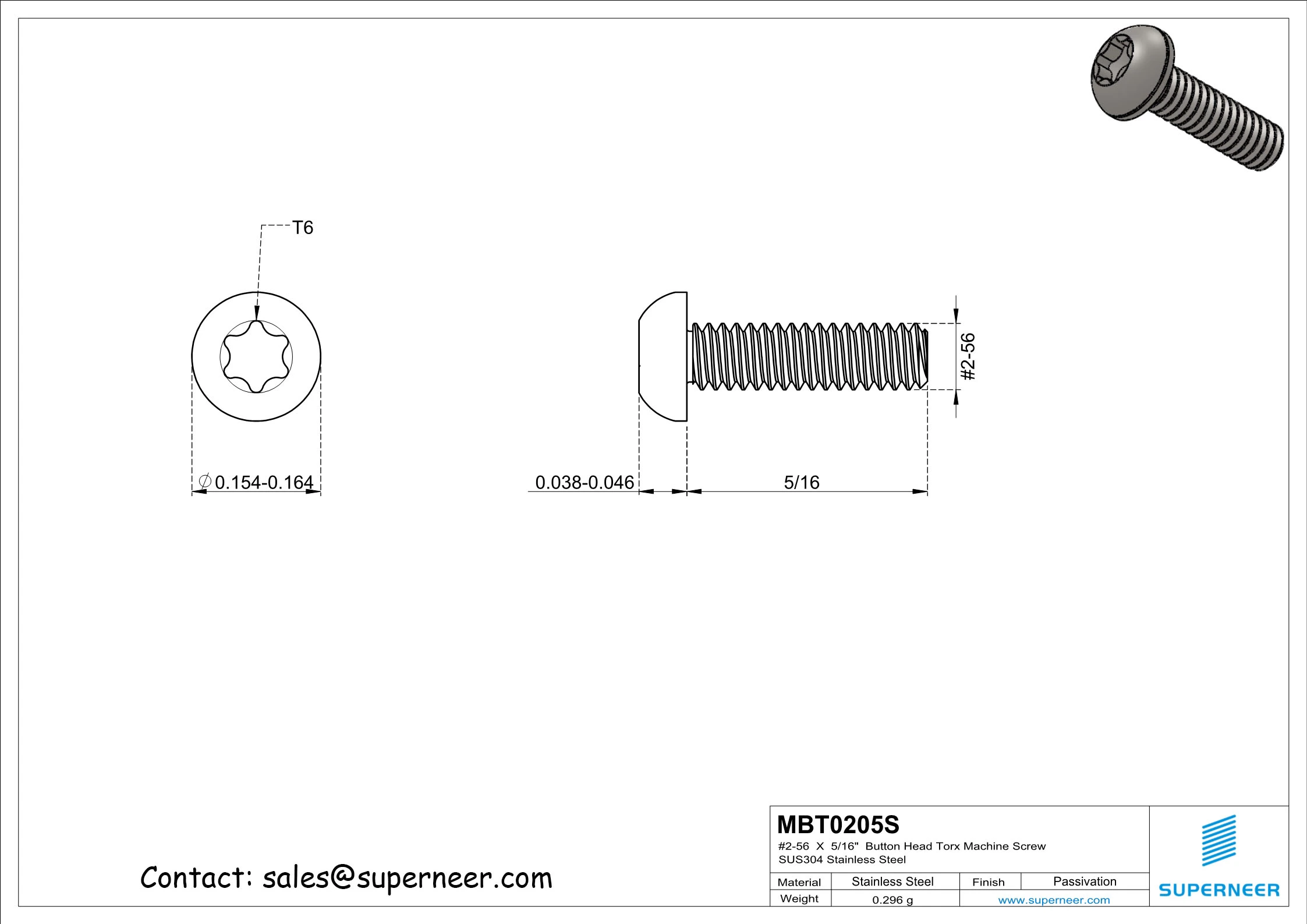 2-56  x 5/16"  Button Head Torx Machine Screw SUS304 Stainless Steel Inox 