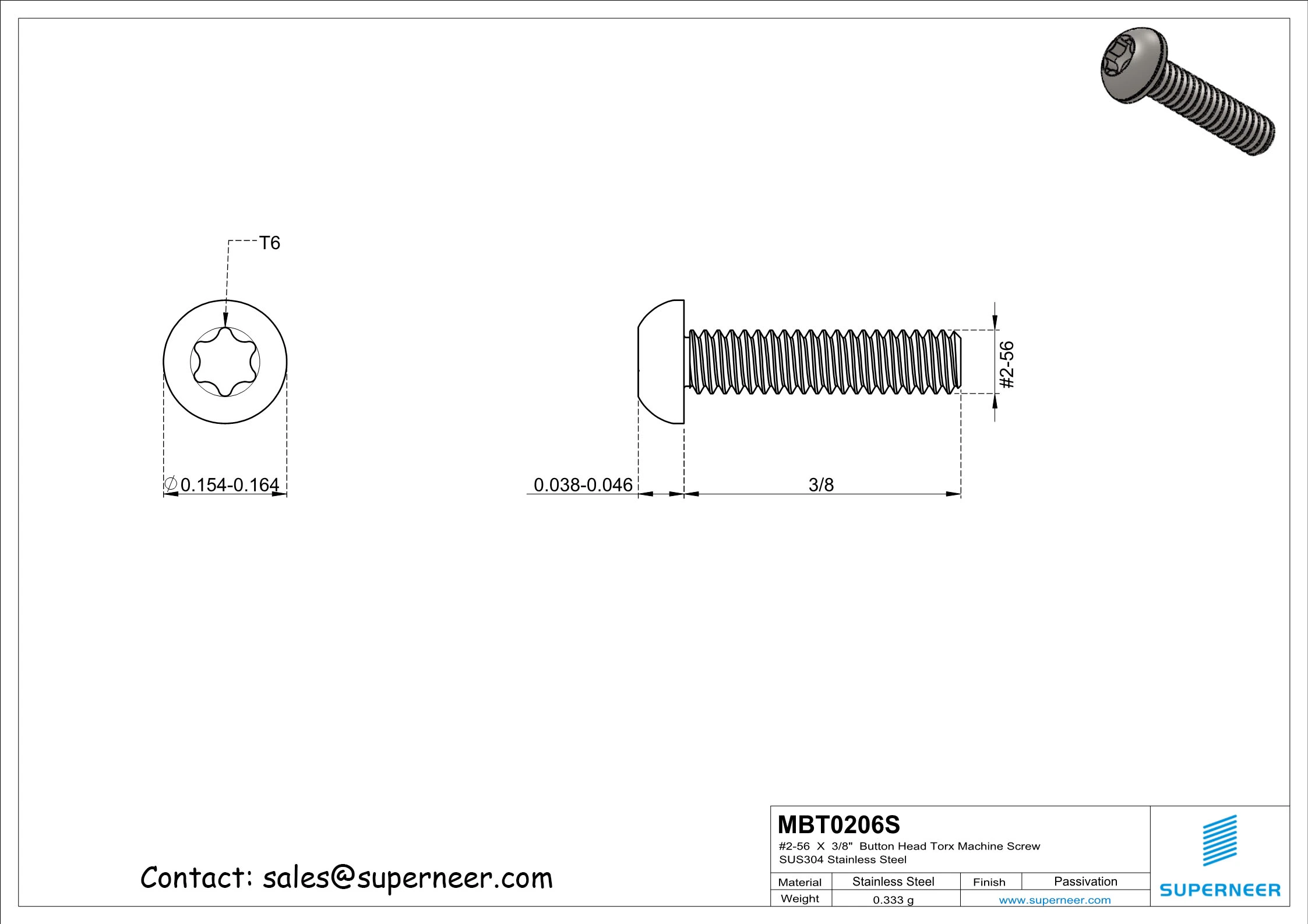 2-56  x 7/16“  Button Head Torx Machine Screw SUS304 Stainless Steel Inox 