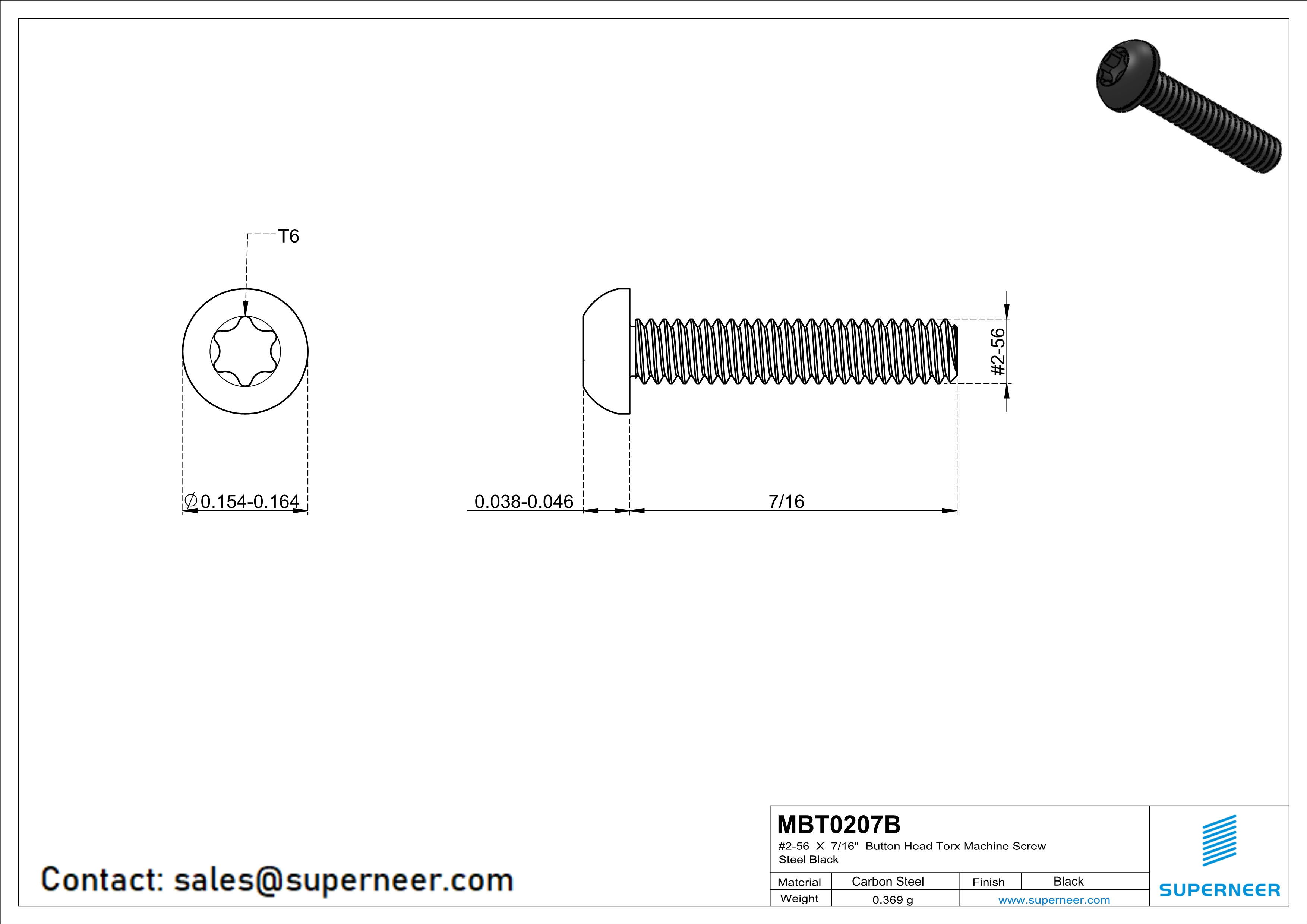 2-56 x 7/16“ Button Head Torx Machine Screw Steel Black 