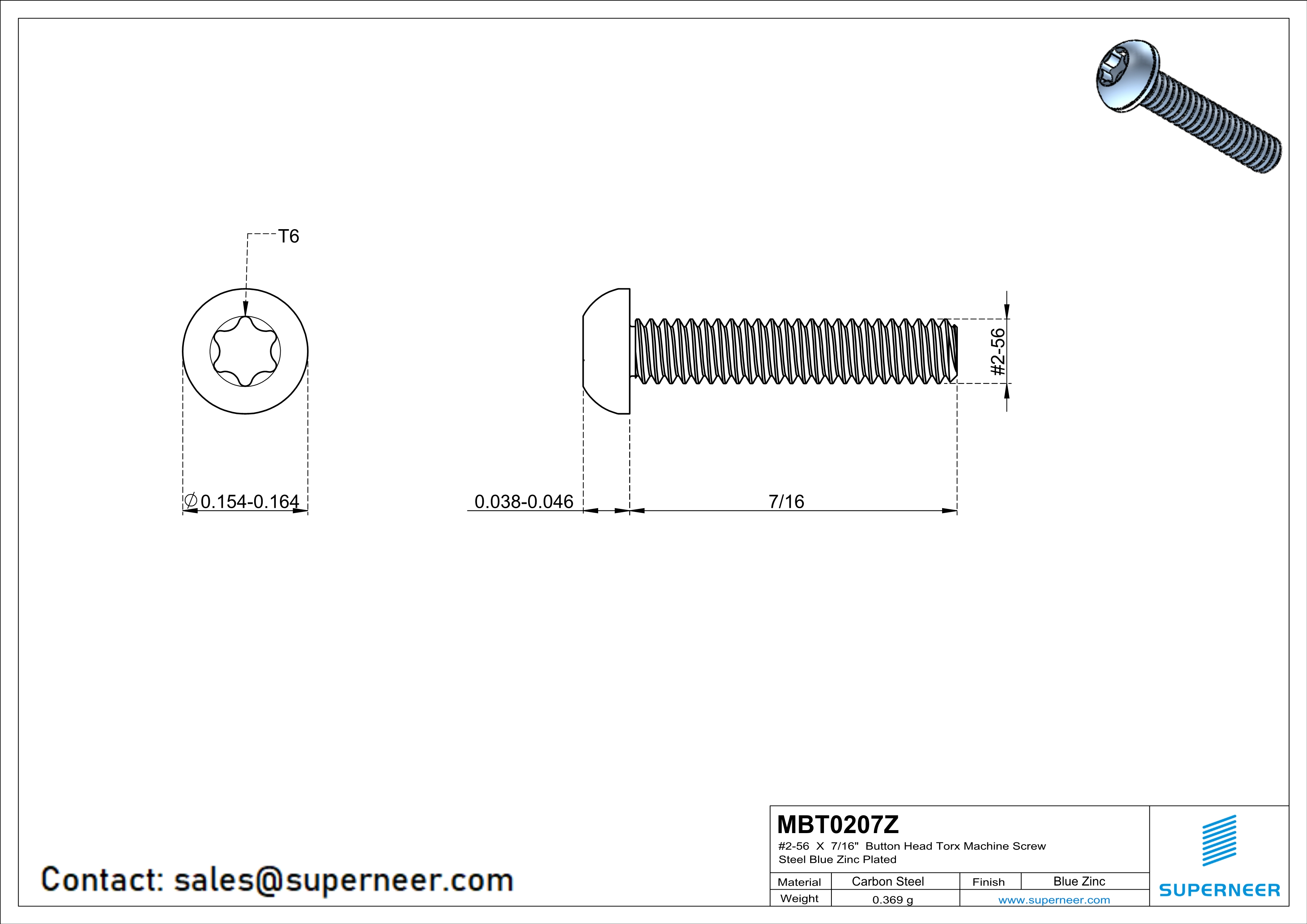 2-56 x 7/16“ Button Head Torx Machine Screw Steel Blue Zinc Plated 