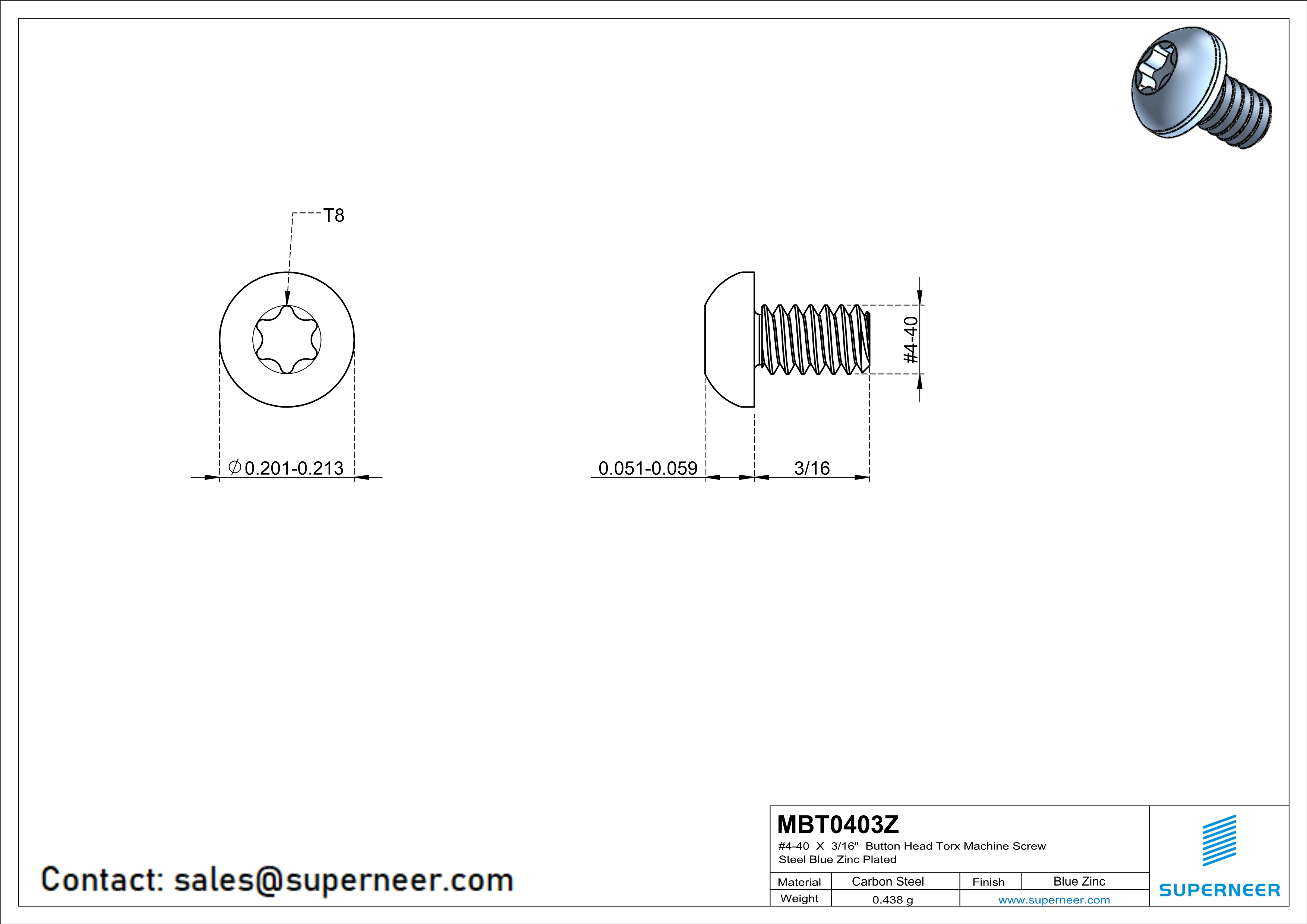 4-40 x 3/16" Button Head Torx Machine Screw Steel Blue Zinc Plated 