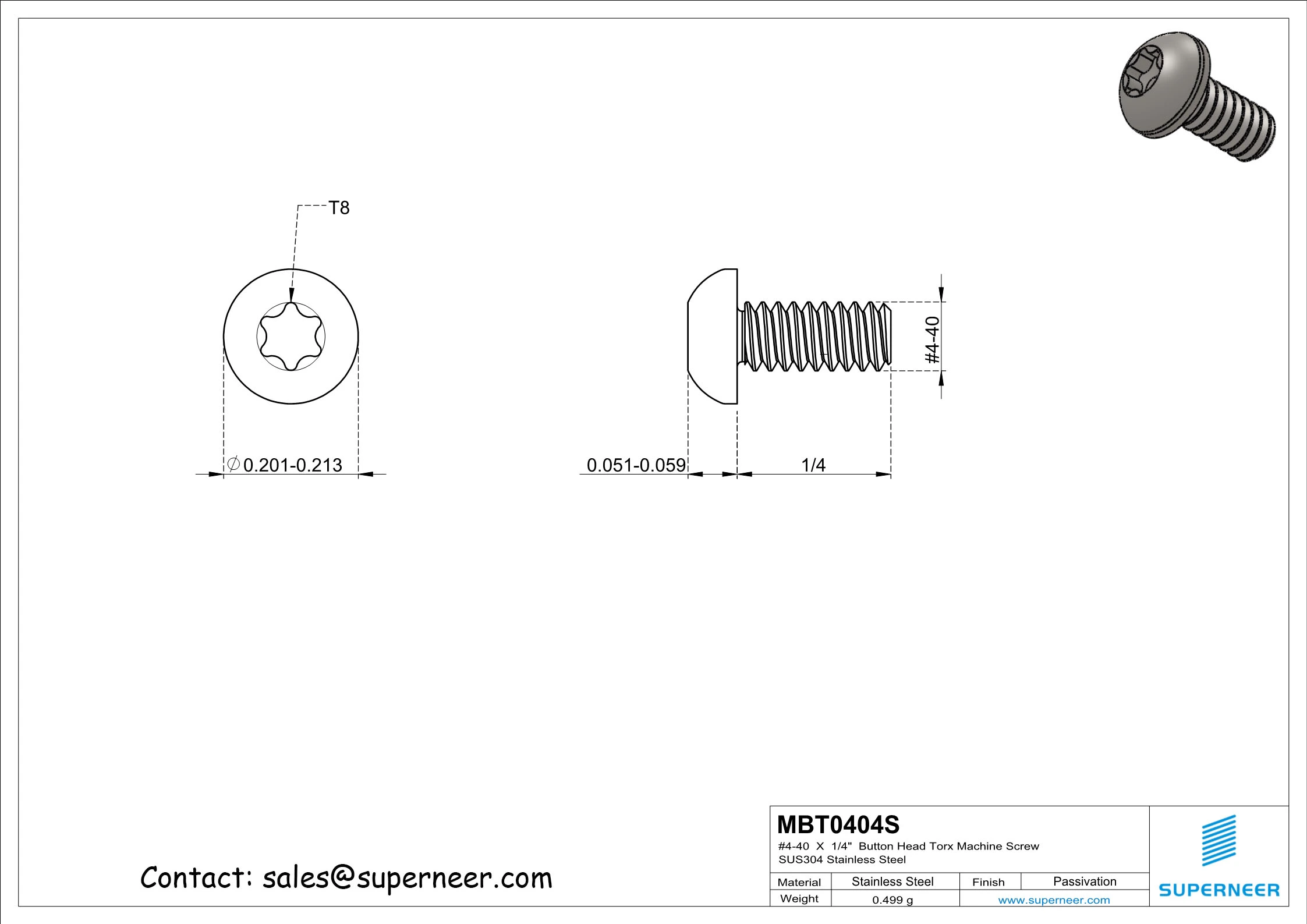 4-40 x 1/4"  Button Head Torx Machine Screw SUS304 Stainless Steel Inox 